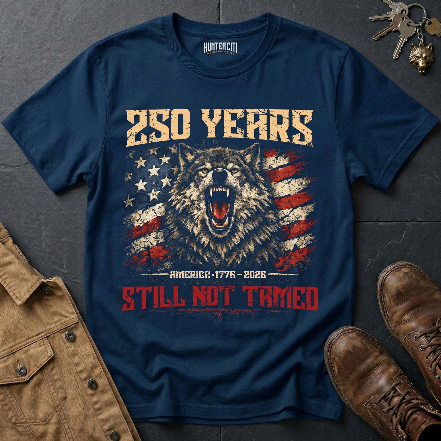 250 Years America Still Not Tamed T-Shirt 1776 2026 Snarling Wolf Patriotic Graphic Tee Anniversary USA Gift for Men