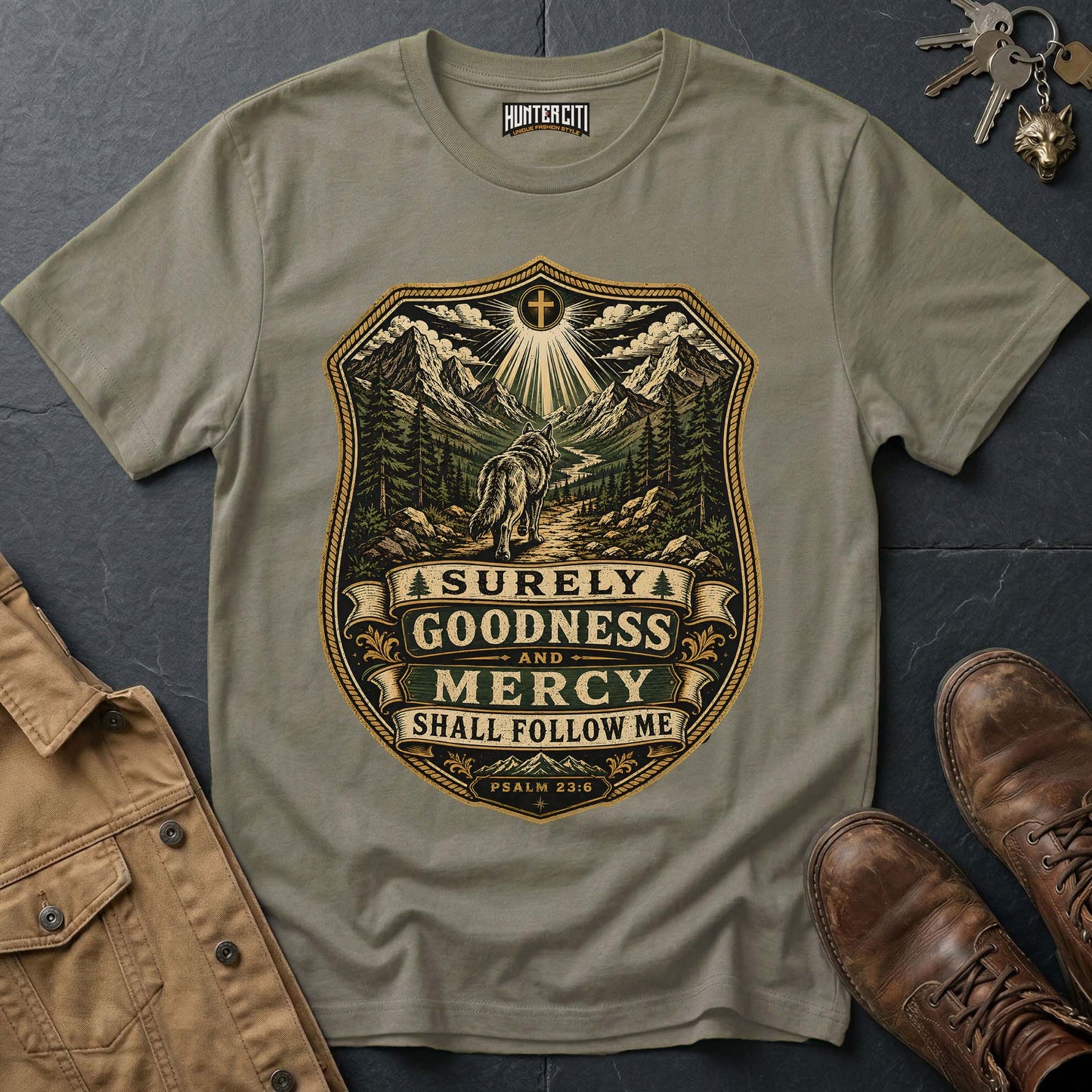 Surely Goodness and Mercy Shall Follow Me Wolf T-Shirt - Psalm 23:6 Mountain Tee