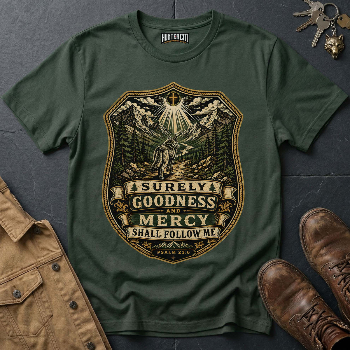 Surely Goodness and Mercy Shall Follow Me Wolf T-Shirt - Psalm 23:6 Mountain Tee