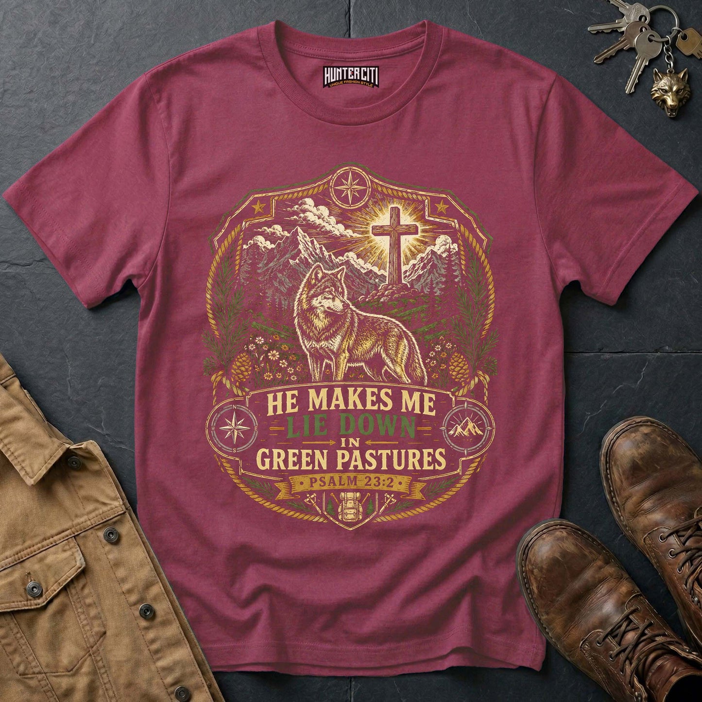 He Makes Me Lie Down in Green Pastures Wolf T-Shirt - Psalm 23:2 Christian Tee