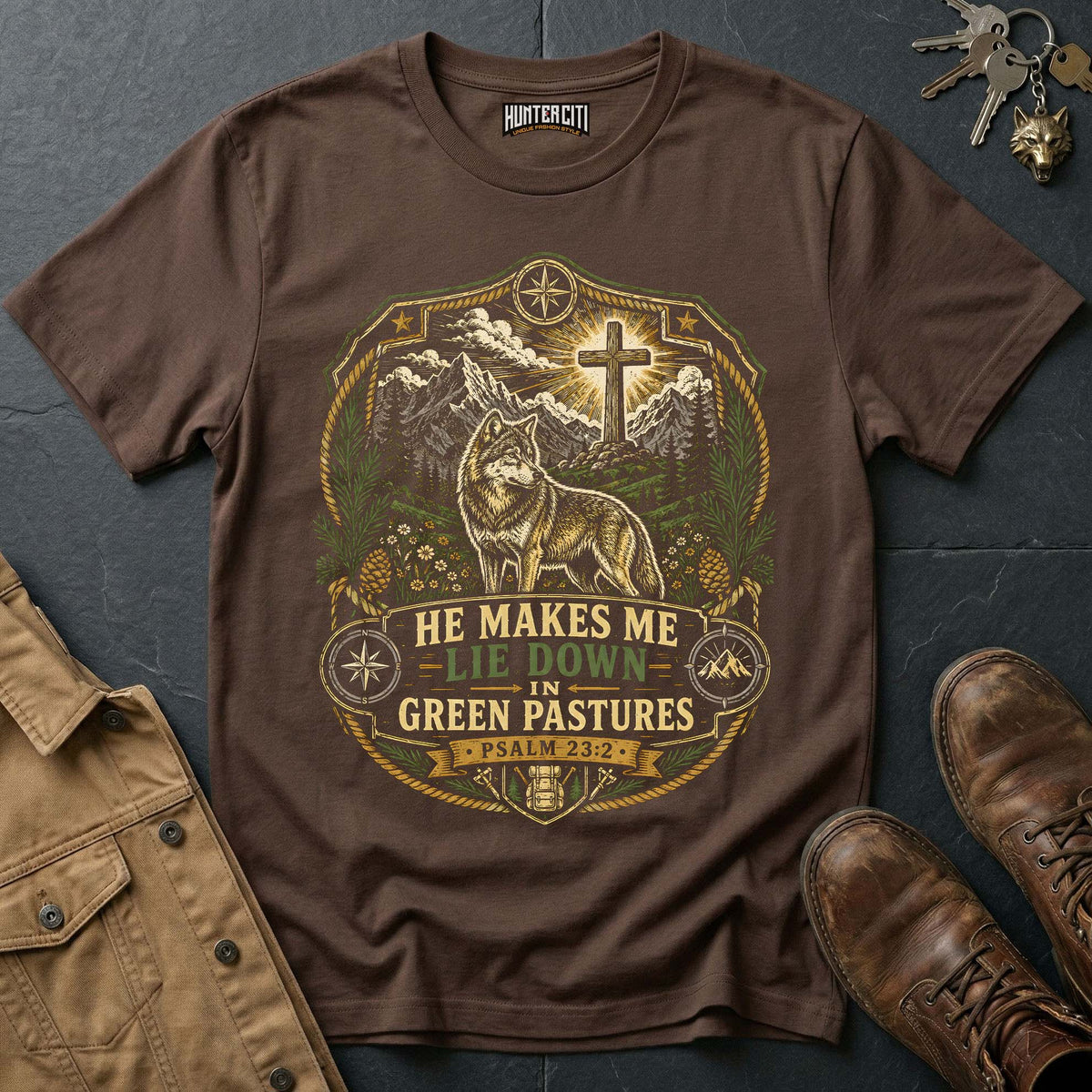 He Makes Me Lie Down in Green Pastures Wolf T-Shirt - Psalm 23:2 Christian Tee