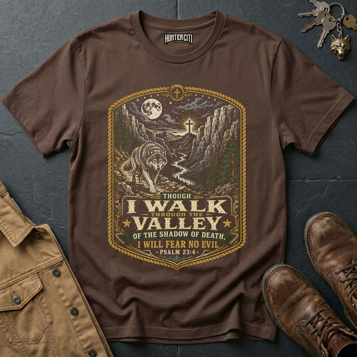 Though I Walk Through the Valley of the Shadow of Death I Will Fear No Evil Wolf T-Shirt - Psalm 23:4 Christian Tee