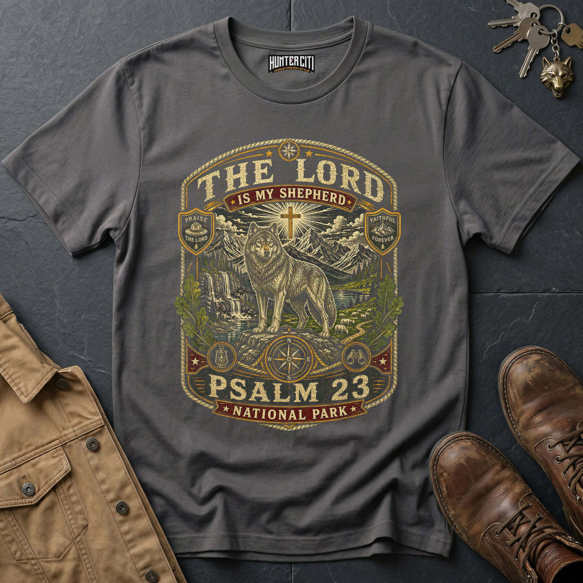 The Lord Is My Shepherd Psalm 23 National Park Badge Wolf Edition Vintage T-Shirt - Christian Wolf Graphic Tee USA Gift