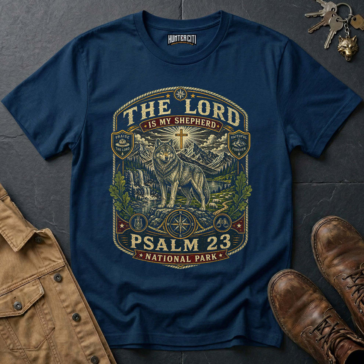 The Lord Is My Shepherd Psalm 23 National Park Badge Wolf Edition Vintage T-Shirt - Christian Wolf Graphic Tee USA Gift