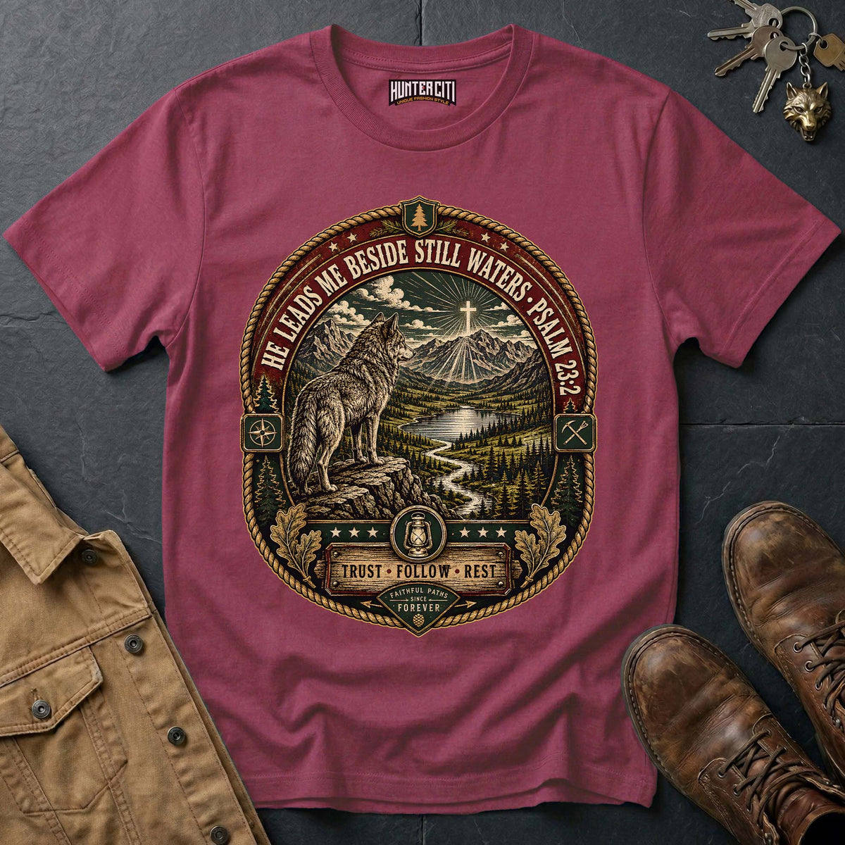 He Leads Me Beside Still Waters Trust Follow Rest Wolf T-Shirt - Psalm 23:2 Christian Wolf Graphic Tee USA