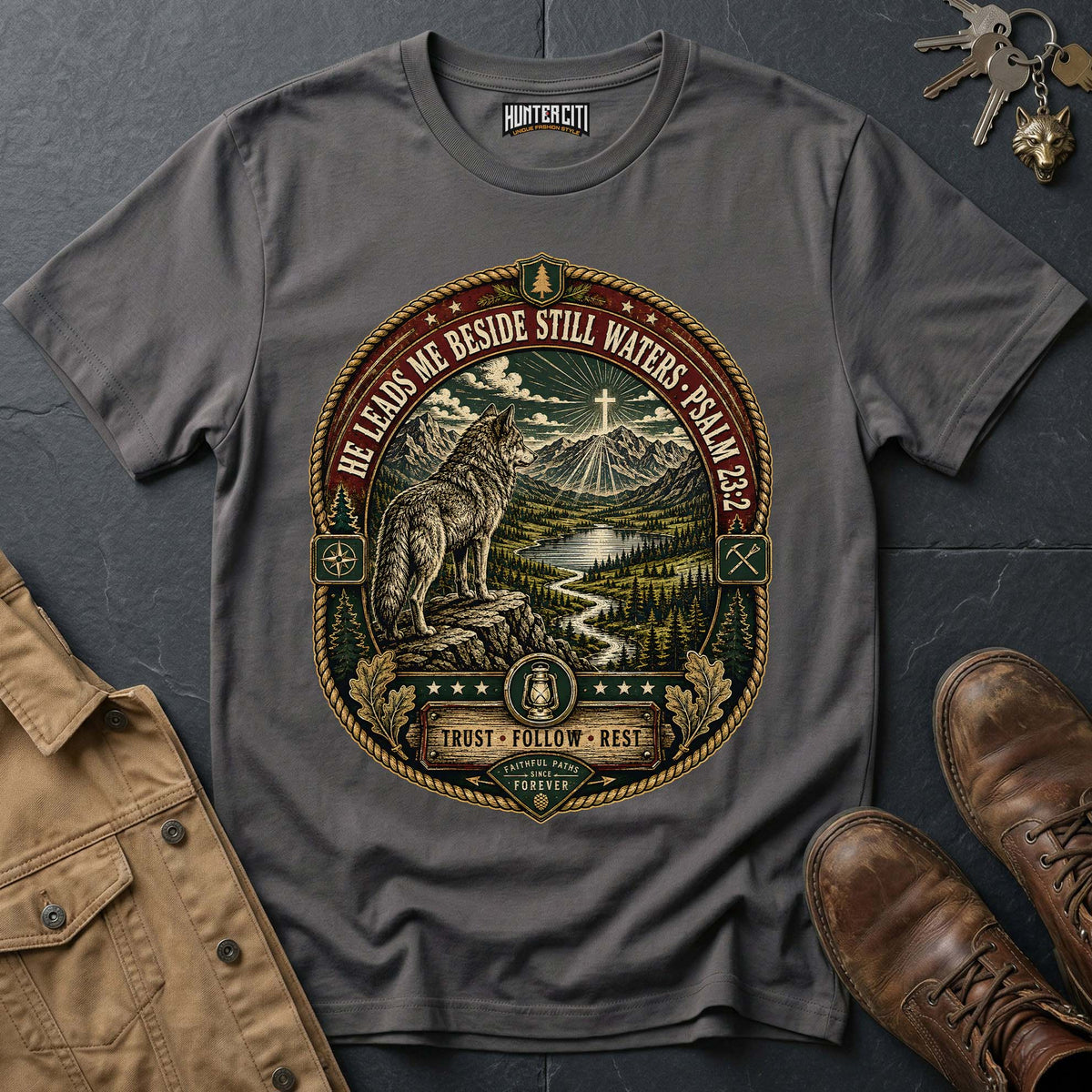 He Leads Me Beside Still Waters Trust Follow Rest Wolf T-Shirt - Psalm 23:2 Christian Wolf Graphic Tee USA