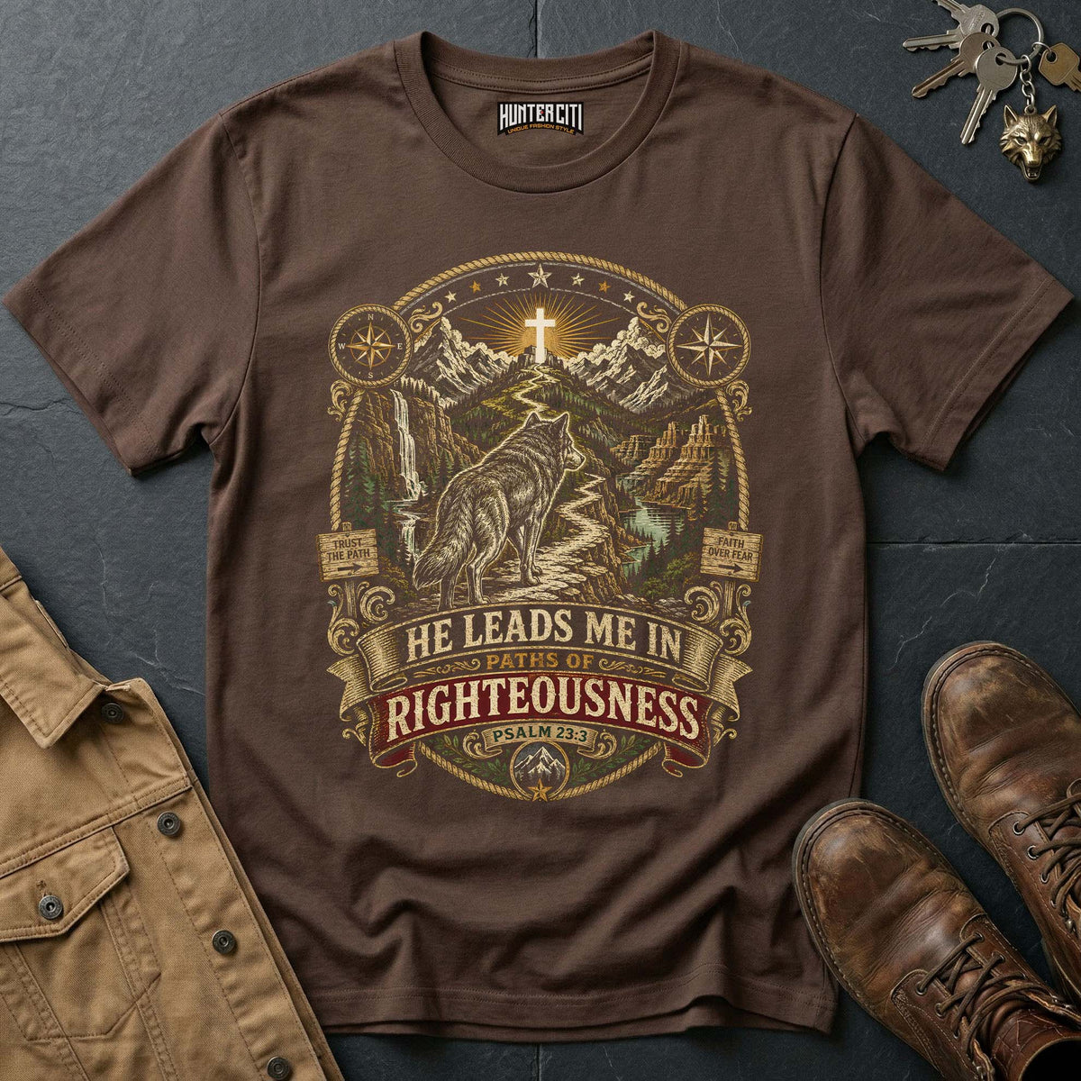 He Leads Me in Paths of Righteousness Wolf Vintage T-Shirt - Psalm 23:3 Christian Wolf Graphic Tee USA Gift