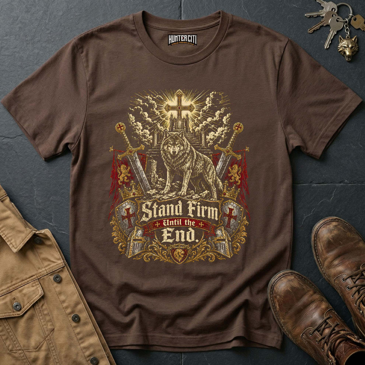 Stand Firm Until the End Wolf T-Shirt - Christian Warrior Wolf Graphic Tee USA Bold Gift for Men