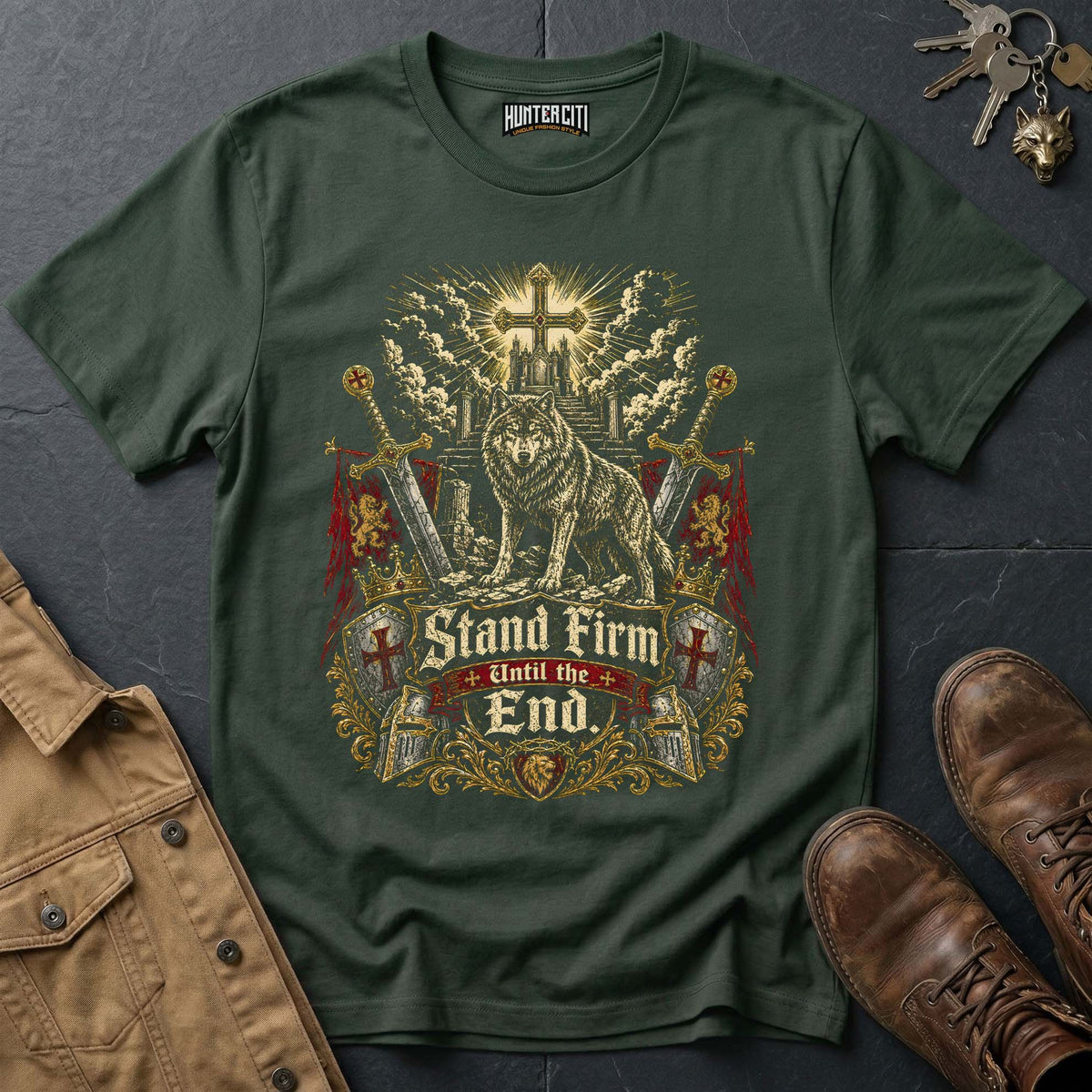 Stand Firm Until the End Wolf T-Shirt - Christian Warrior Wolf Graphic Tee USA Bold Gift for Men