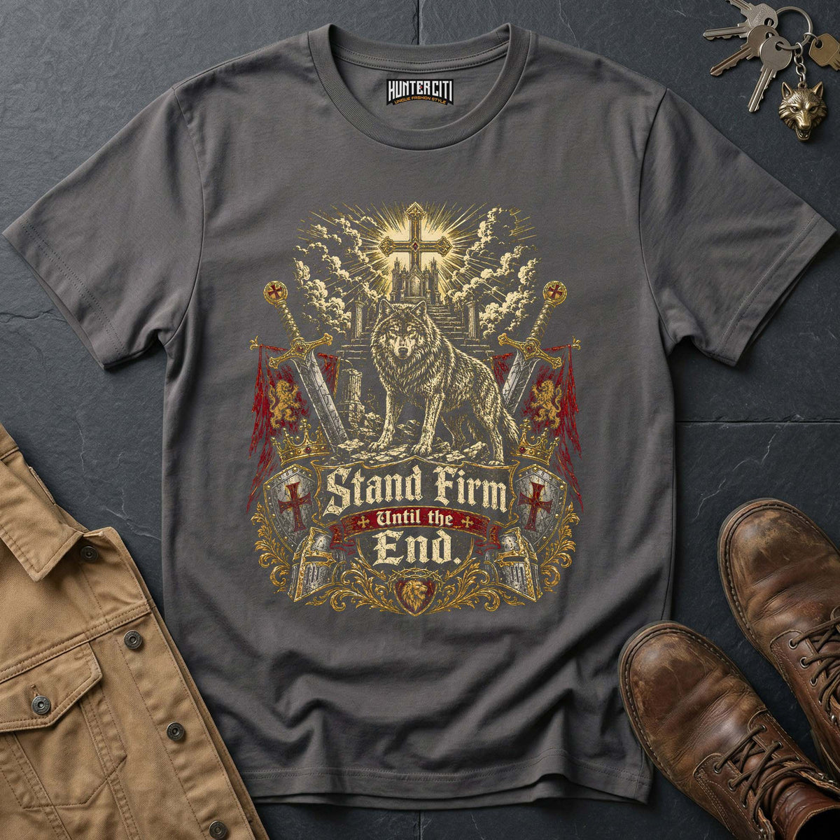 Stand Firm Until the End Wolf T-Shirt - Christian Warrior Wolf Graphic Tee USA Bold Gift for Men