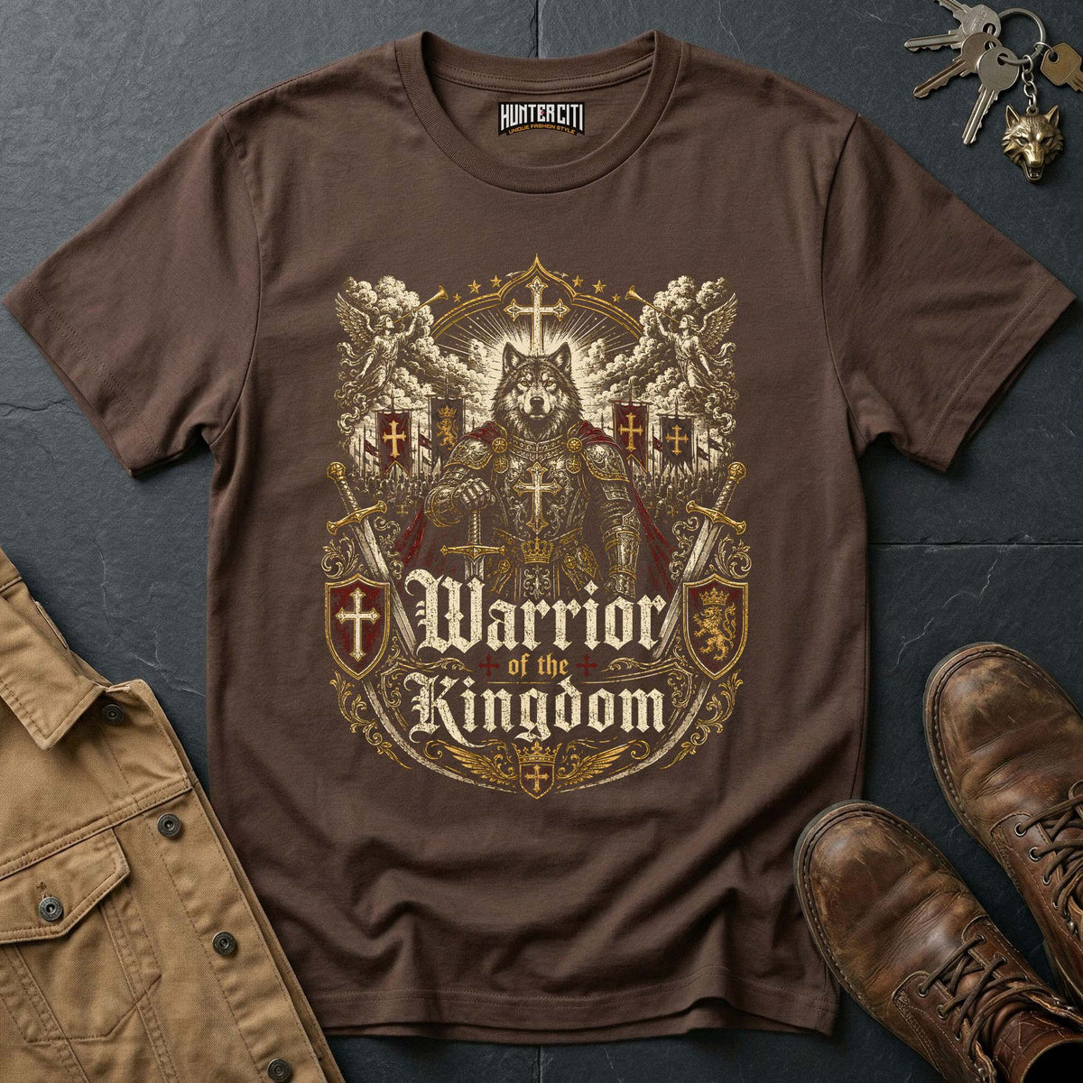 Warrior of the Kingdom Wolf T-Shirt - Christian Warrior Wolf Graphic Tee USA Bold Gift for Men