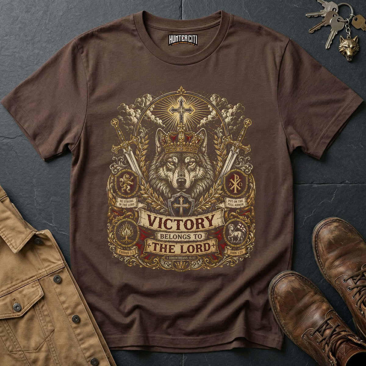 Victory Belongs to the Lord Wolf T-Shirt - Christian Warrior Wolf Graphic Tee USA Gift for Men