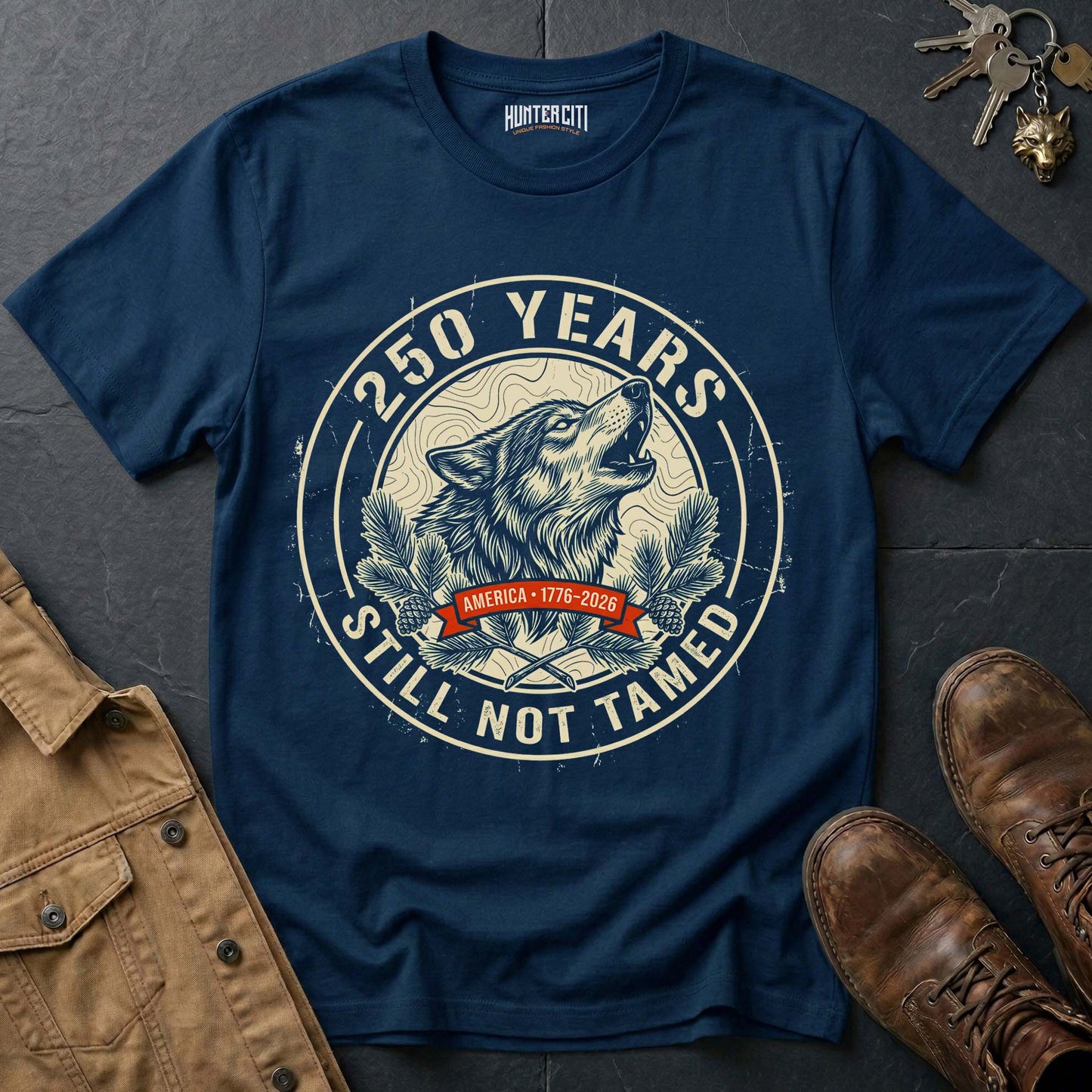 250 Years America Still Not Tamed Woodland Badge T-Shirt - 1776 2026 Wolf Pine Nature Patriotic Tee USA Gift