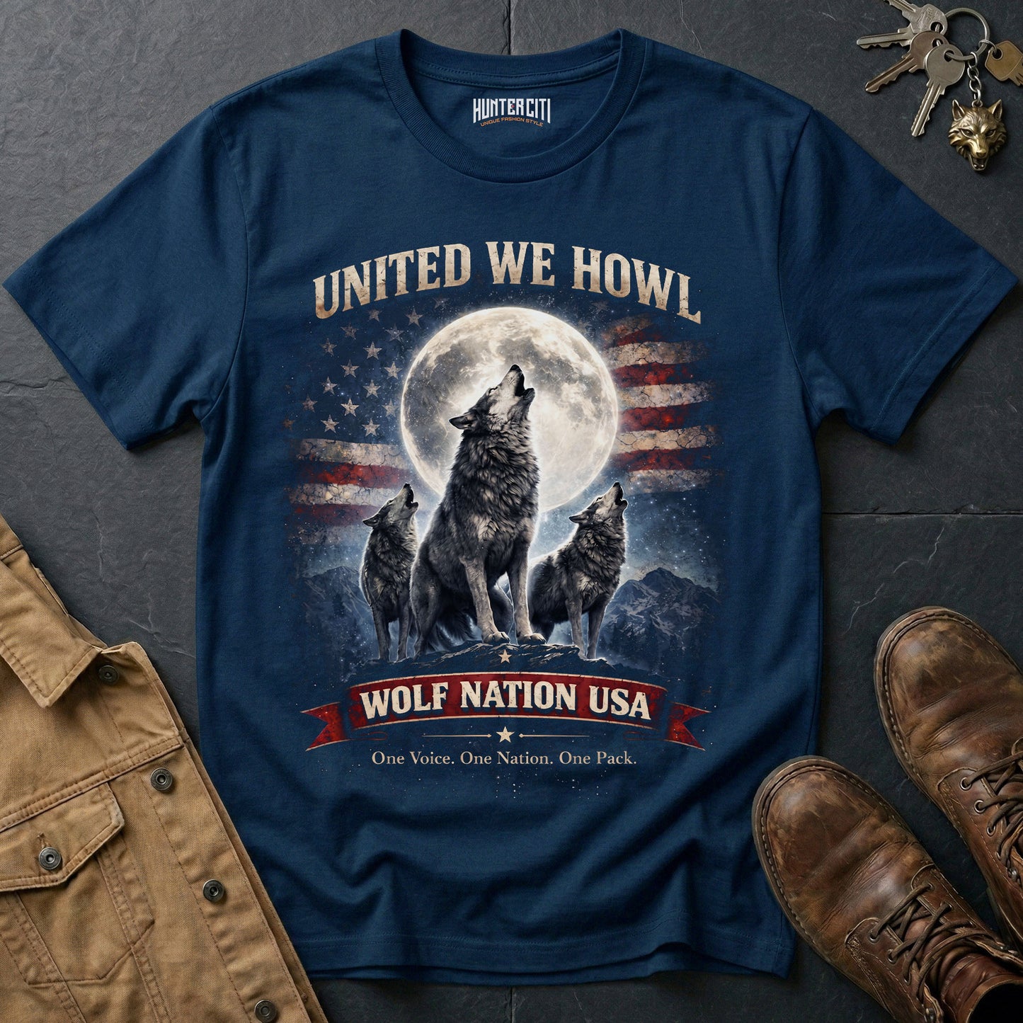 United We Howl Wolf Nation USA T-Shirt Patriotic Wolf Pack Graphic Tee One Voice One Nation USA Gift