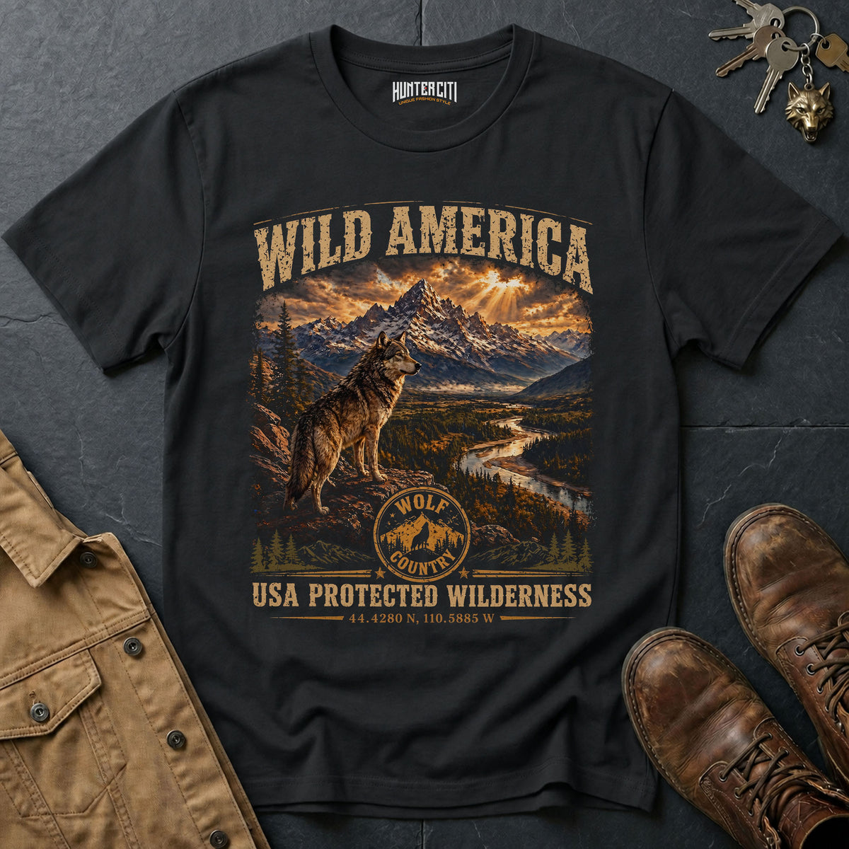 Wild America USA Protected Wilderness T-Shirt Wolf Country Nature Graphic Tee Yellowstone Outdoor Gift Men Women