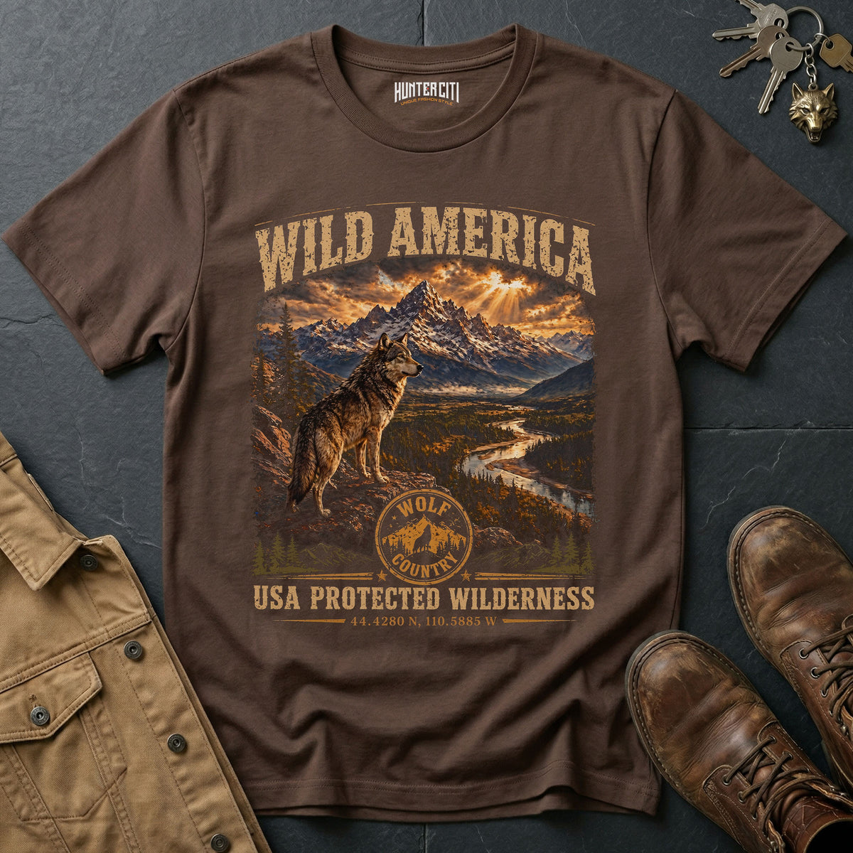 Wild America USA Protected Wilderness T-Shirt Wolf Country Nature Graphic Tee Yellowstone Outdoor Gift Men Women