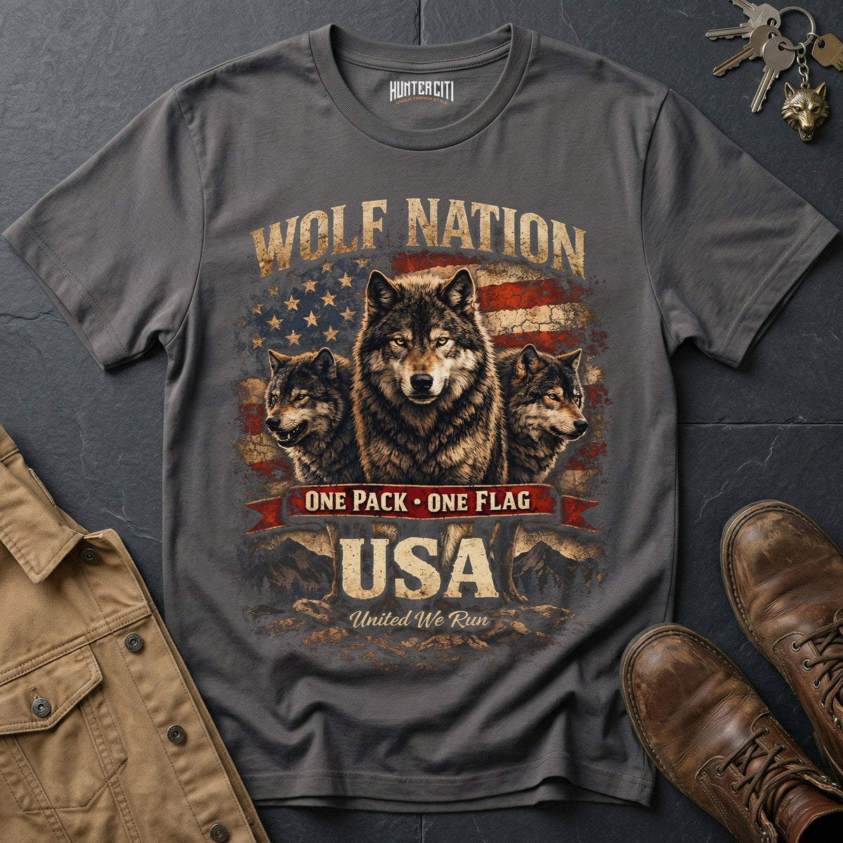 Wolf Nation One Pack One Flag USA T-Shirt Patriotic Wolf Pack Graphic Tee United We Run American Wolf Gift for Men