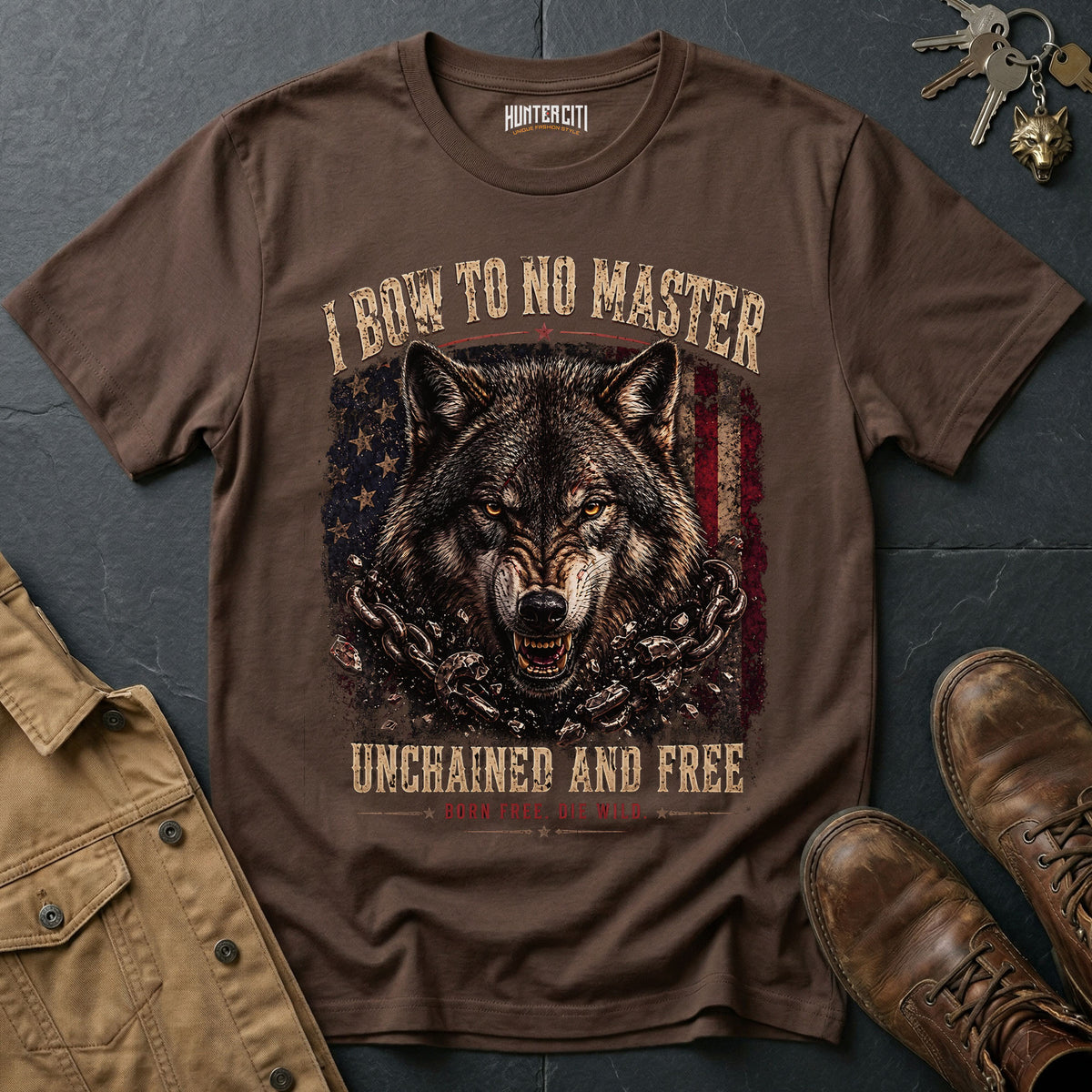 I Bow to No Master Unchained and Free T-Shirt - Patriotic Wolf Graphic Tee Born Free Die Wild USA Gift for Men