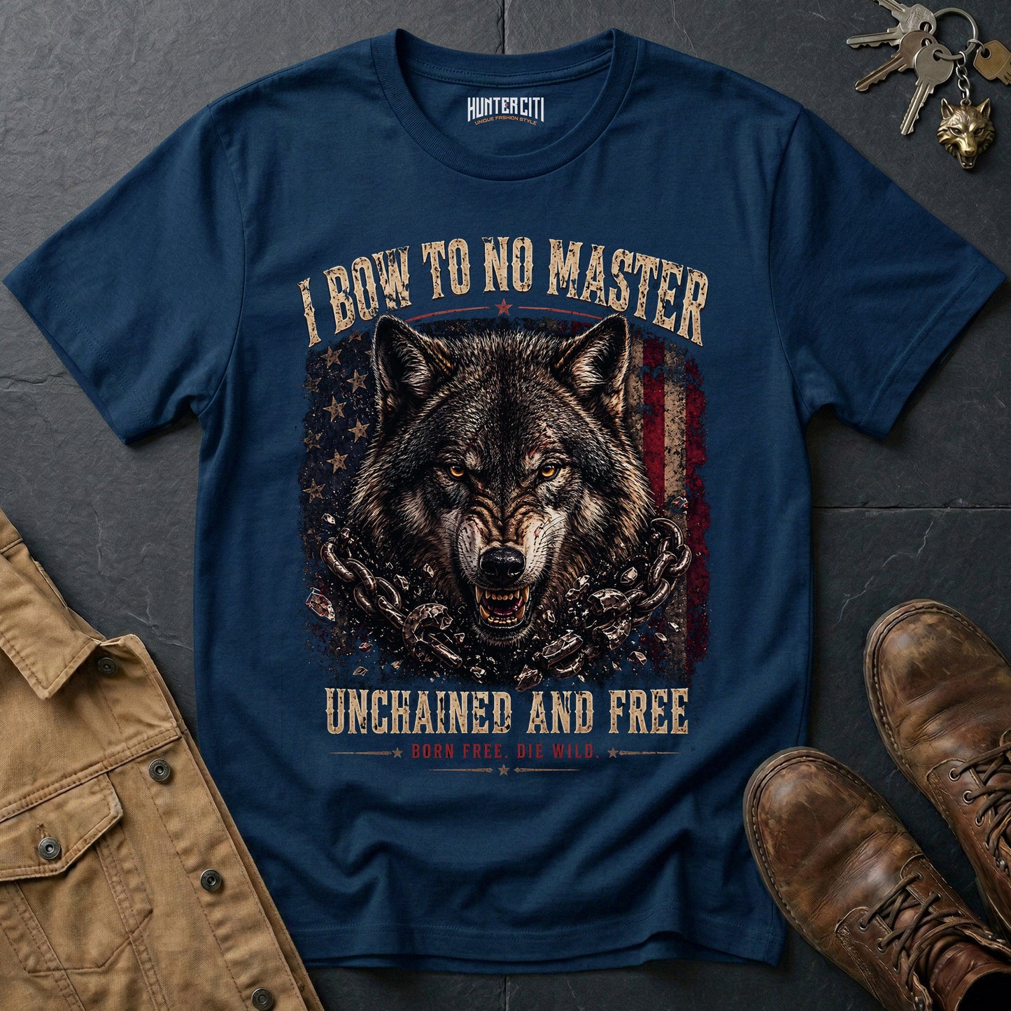 I Bow to No Master Unchained and Free T-Shirt - Patriotic Wolf Graphic Tee Born Free Die Wild USA Gift for Men