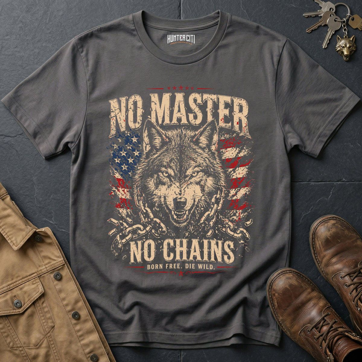 No Master No Chains Born Free Die Wild T-Shirt Patriotic Wolf Graphic Vintage Tee American Freedom USA Gift for Men