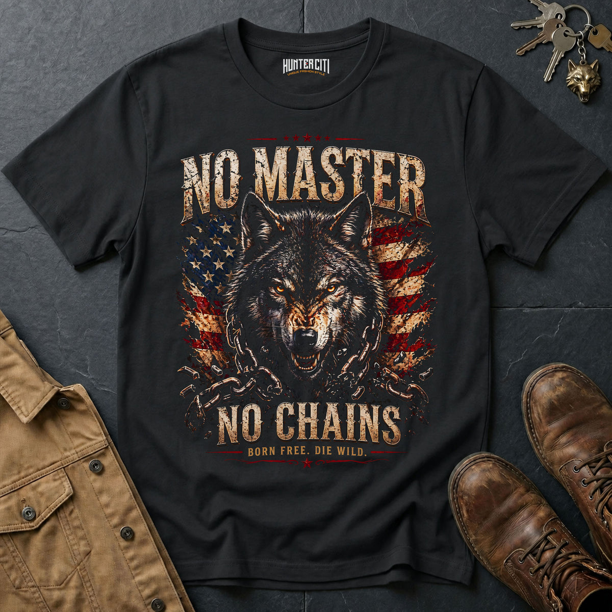 No Master No Chains Born Free Die Wild T-Shirt Patriotic Wolf Graphic Tee American Freedom USA Gift for Men