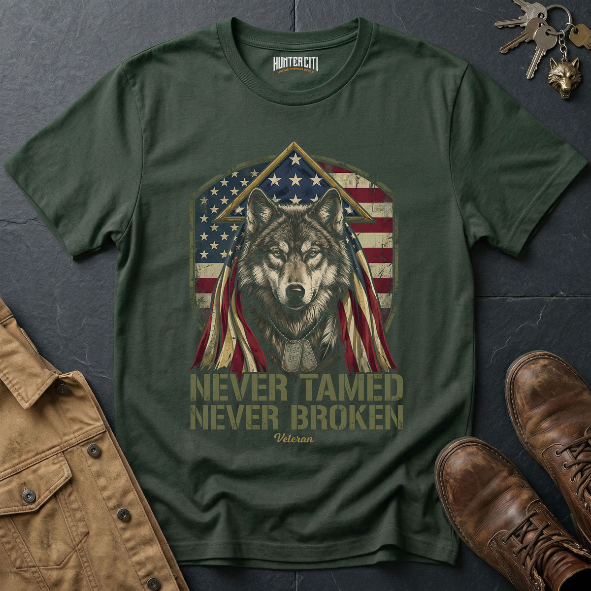 Never Tamed Never Broken Veteran T-Shirt - American Wolf Dog Tags Patriotic Military Wolf Graphic Tee Gift for Him
