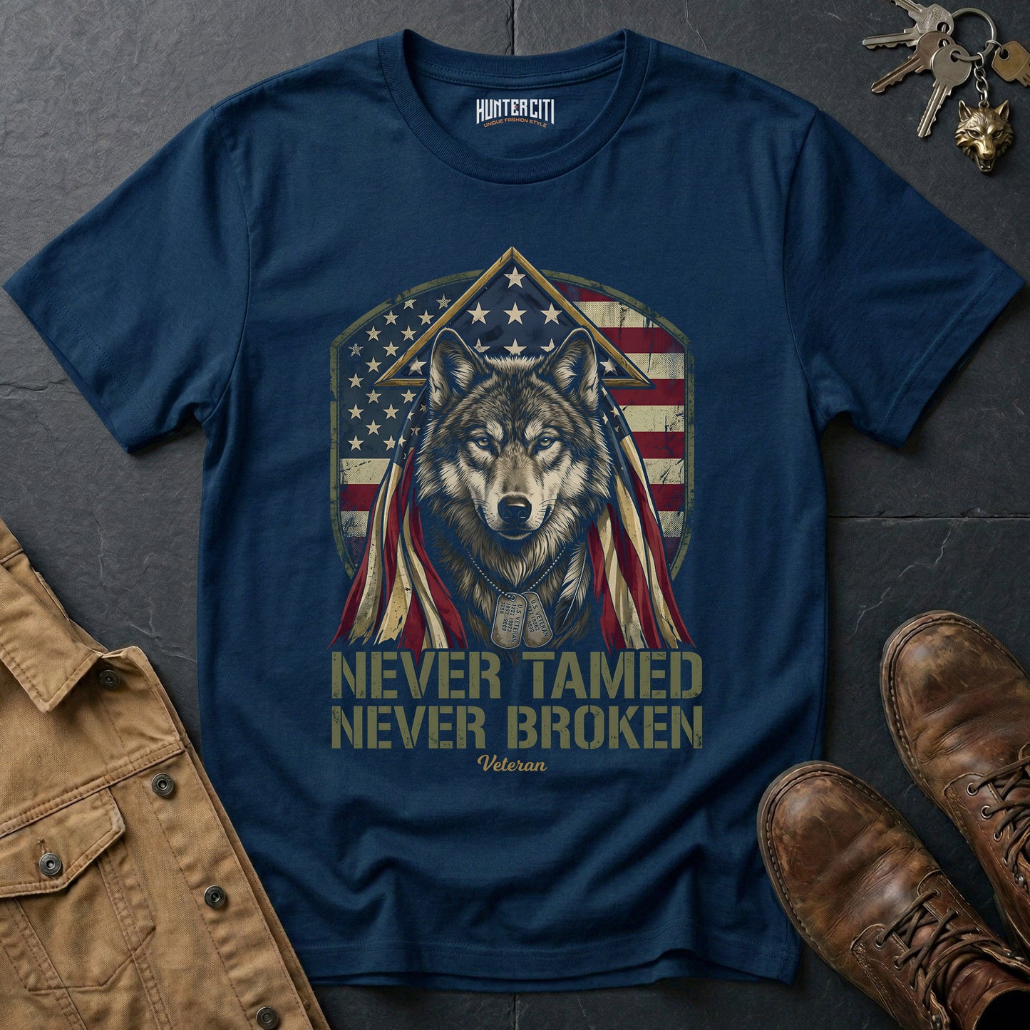 Never Tamed Never Broken Veteran T-Shirt - American Wolf Dog Tags Patriotic Military Wolf Graphic Tee Gift for Him