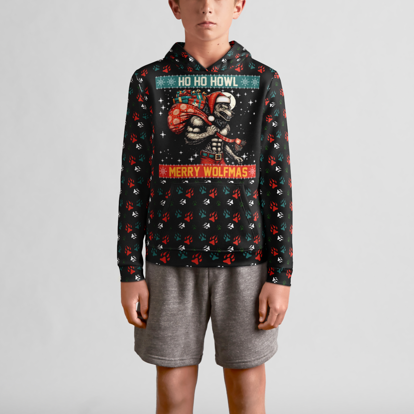 Ho Ho Howl Merry Wolfmas Youth Pullover Hoodie - Festive Design for the Holidays