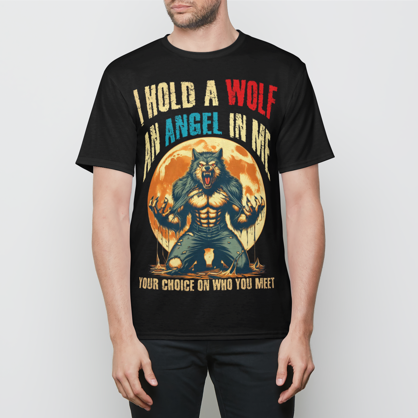 I Hold a Wolf and an Angel in Me Werewolf Graphic Mens T-Shirt
