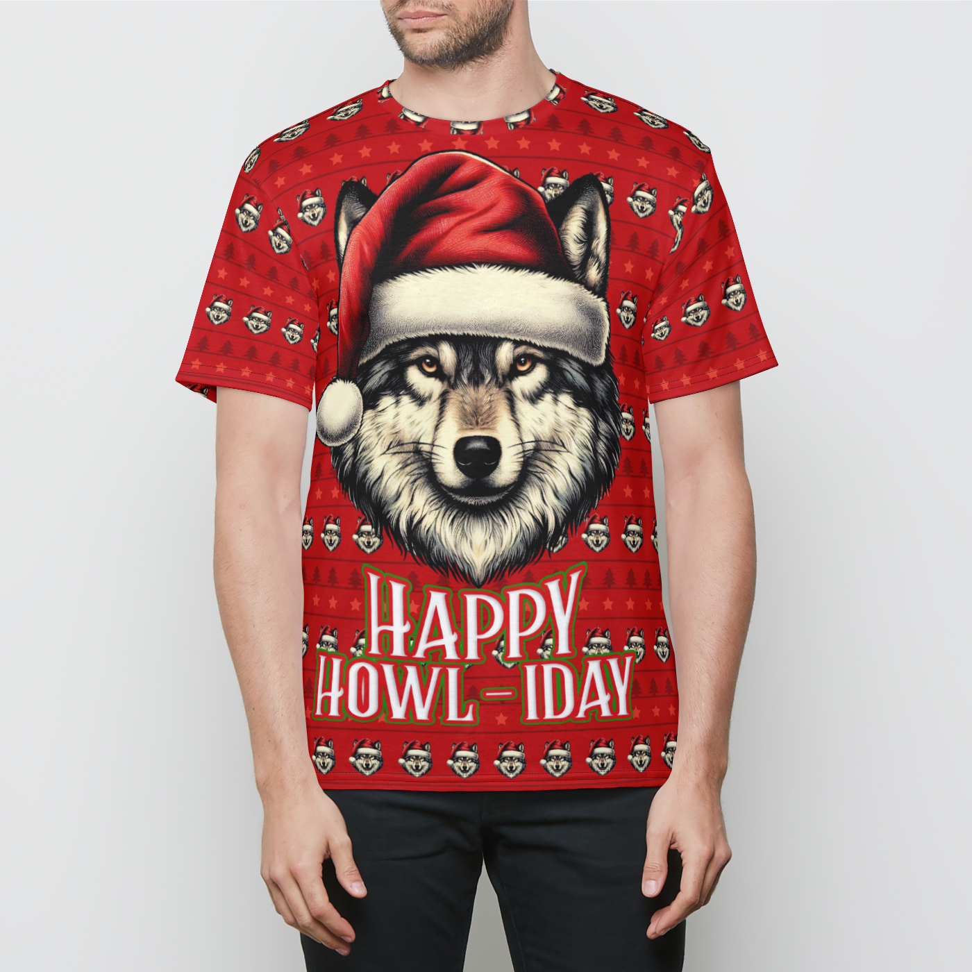 Happy Howl-iday Christmas Funny Santa Wolf Holiday Mens T-Shirt