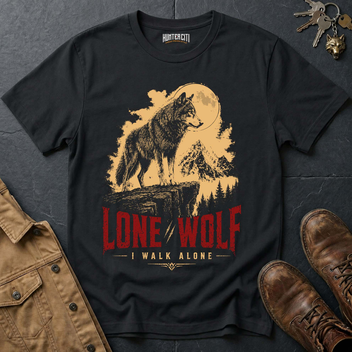 Lone Wolf I Walk Alone T-Shirt — Patriotic American Wolf Vintage Graphic Tee USA Independent Spirit Gift for Men