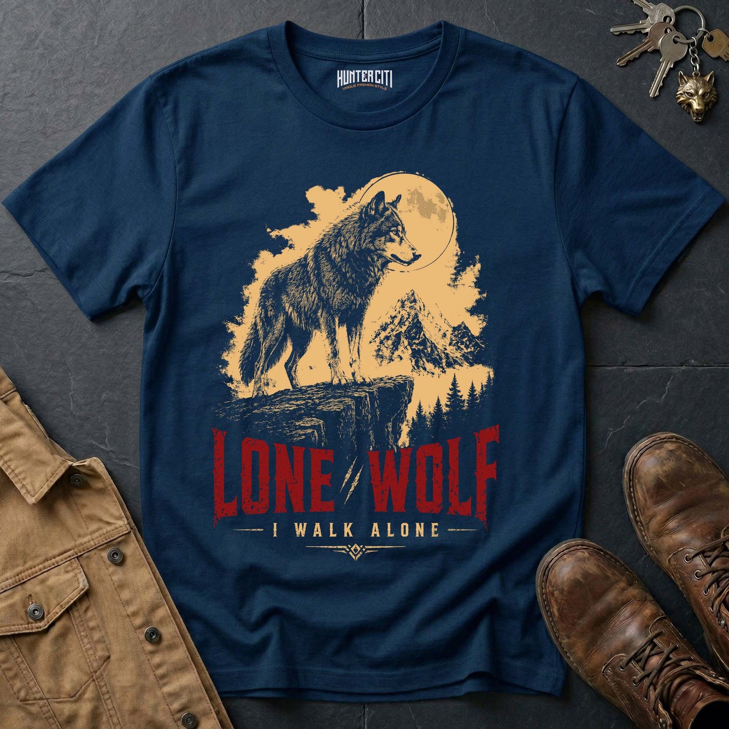 Lone Wolf I Walk Alone T-Shirt — Patriotic American Wolf Vintage Graphic Tee USA Independent Spirit Gift for Men