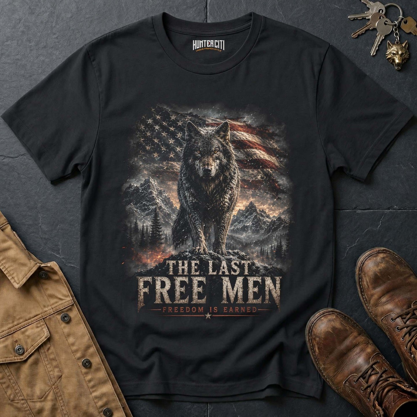 The Last Free Men Wolf T-Shirt - Freedom Is Earned Patriotic Tee