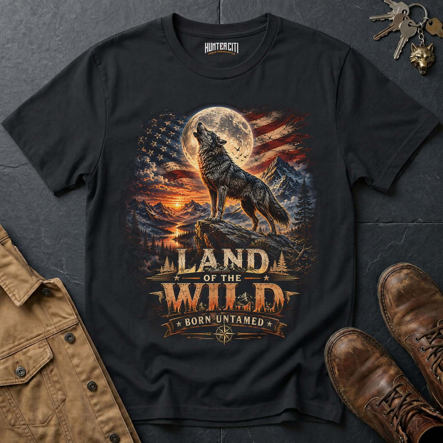 Land of the Wild Born Untamed Wolf T-Shirt - Patriotic Wilderness Tee