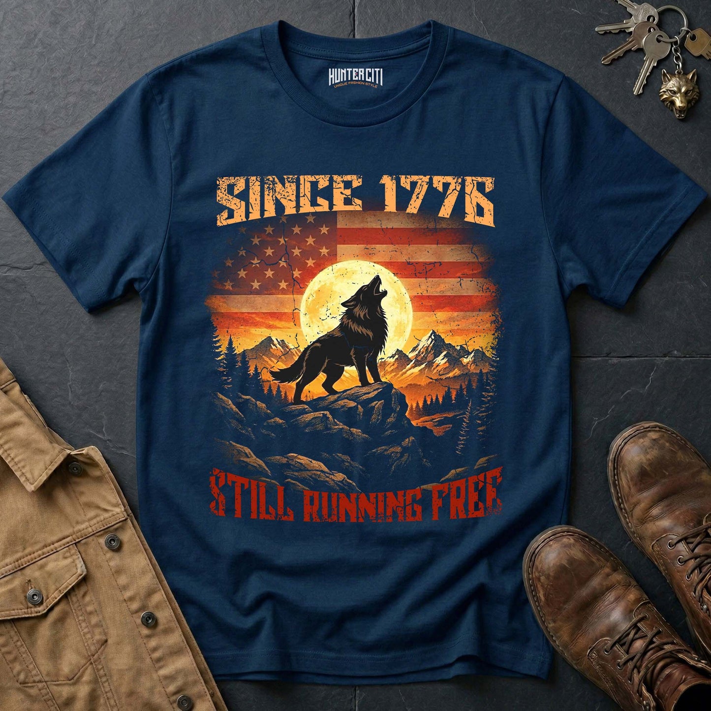 Since 1776 Still Running Free Wolf Moon T-Shirt - America Anniversary Howling Wolf Vintage Patriotic Tee USA Gift