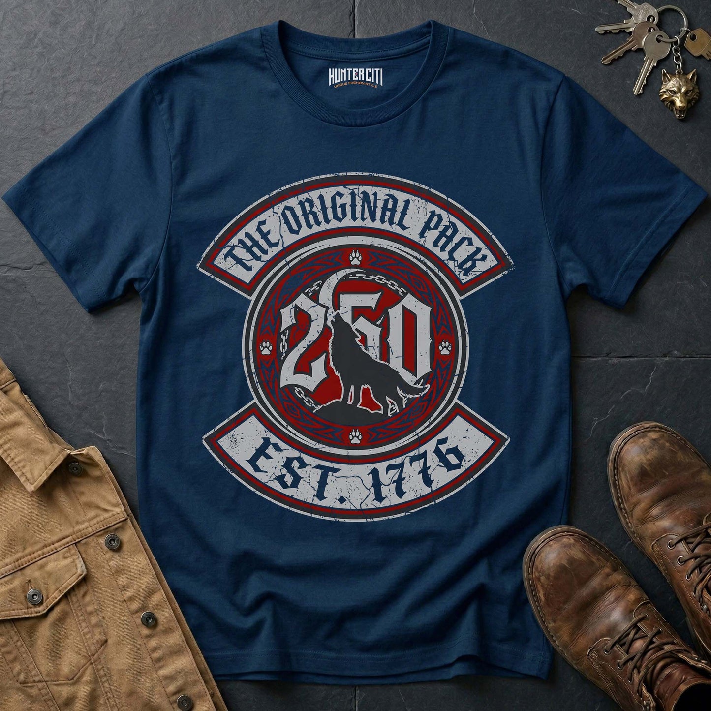 The Original Pack Est 1776 T-Shirt - America 250 Wolf Pack Badge Graphic Tee USA Anniversary Brotherhood Gift for Men