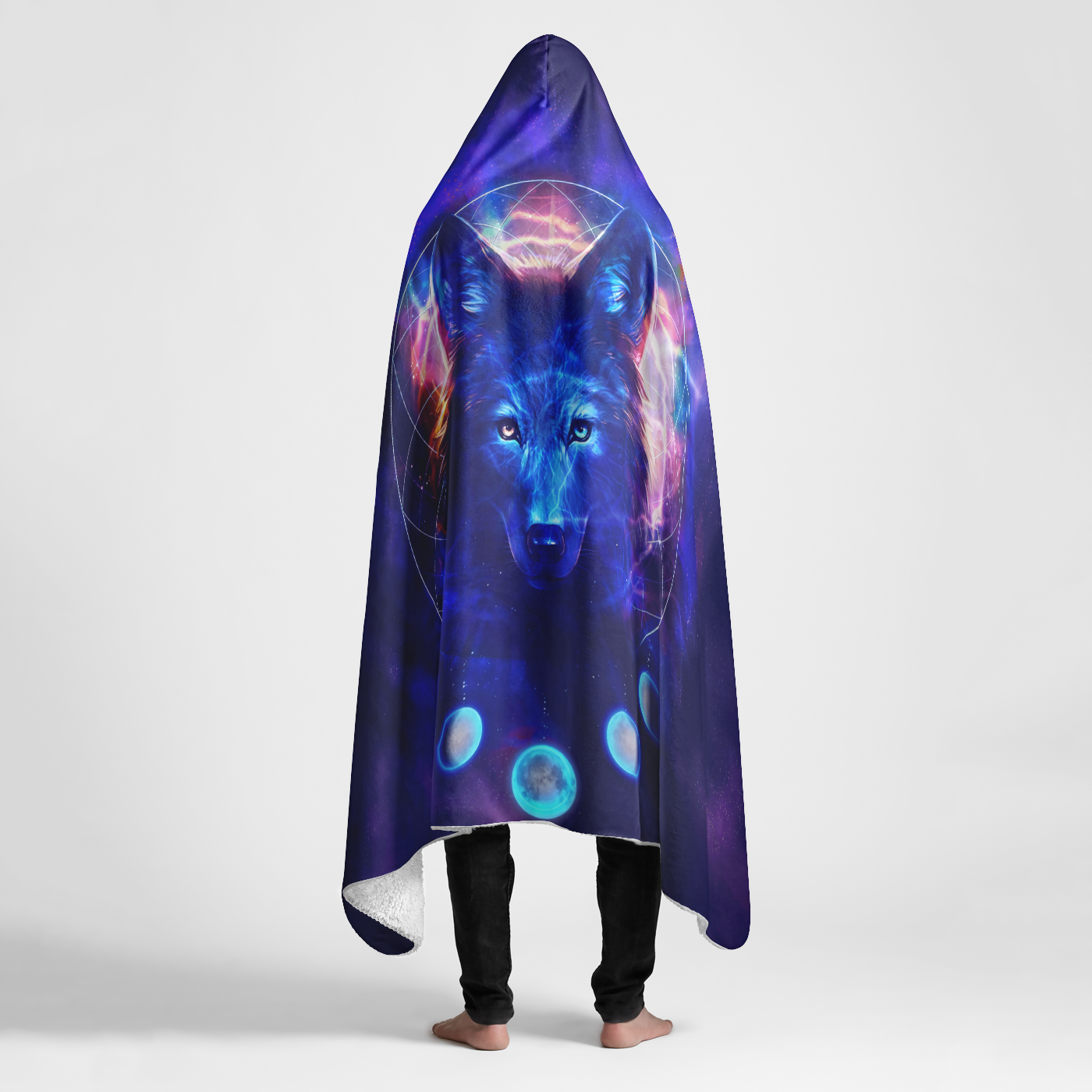 Wolf Large Hooded Sherpa Blanket 60x80 - Soft Cozy Galaxy Wolf Throw Blanket with Moon Phases for Adults & Teens