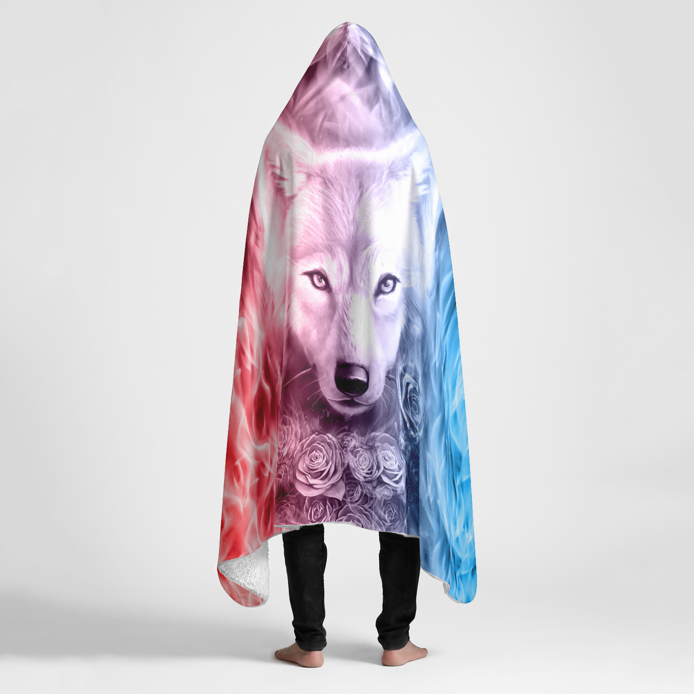 Fire and Ice Wolf with Roses Large Hooded Sherpa Blanket 60x80