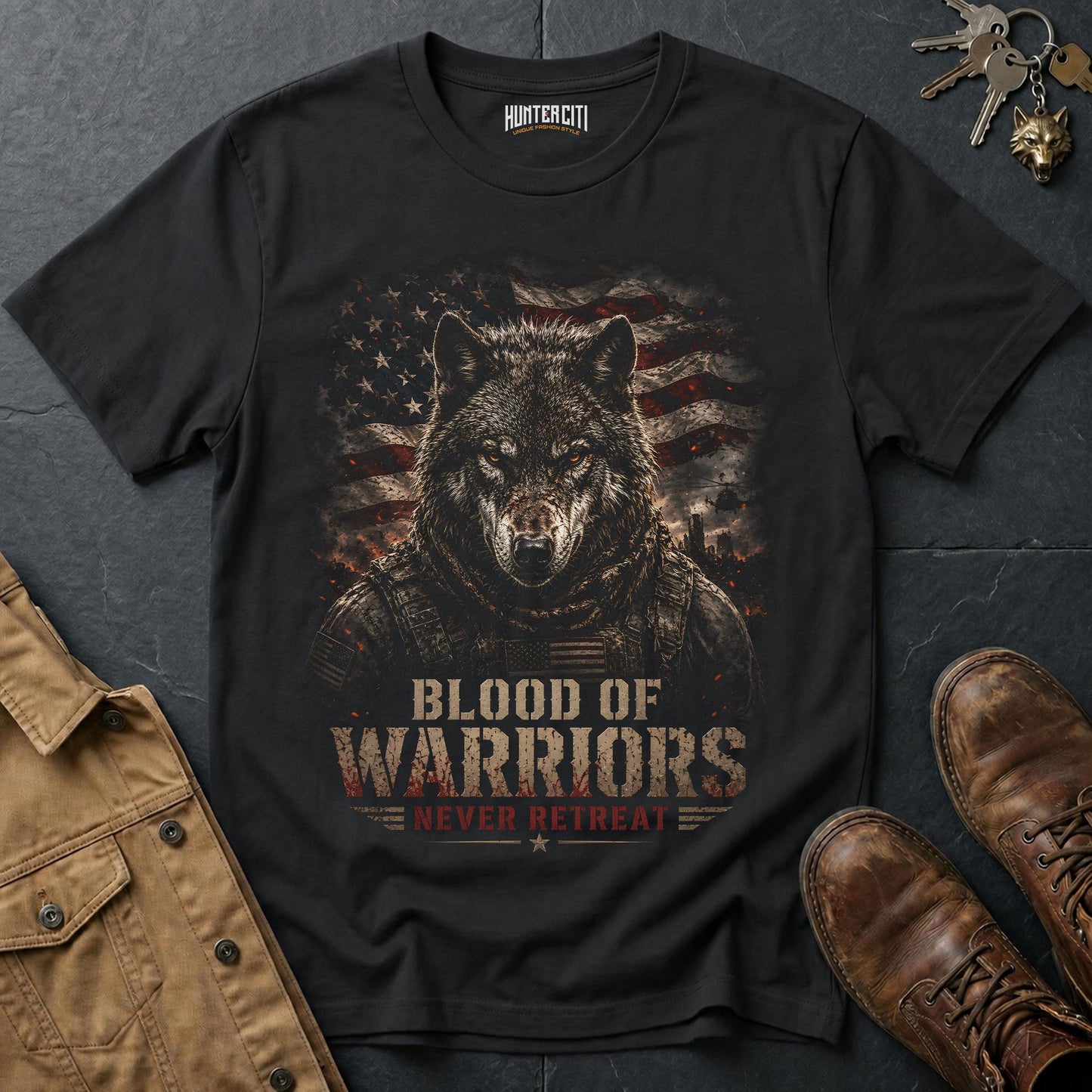 Blood of Warriors Never Retreat Wolf T-Shirt - Patriotic Warrior Tee
