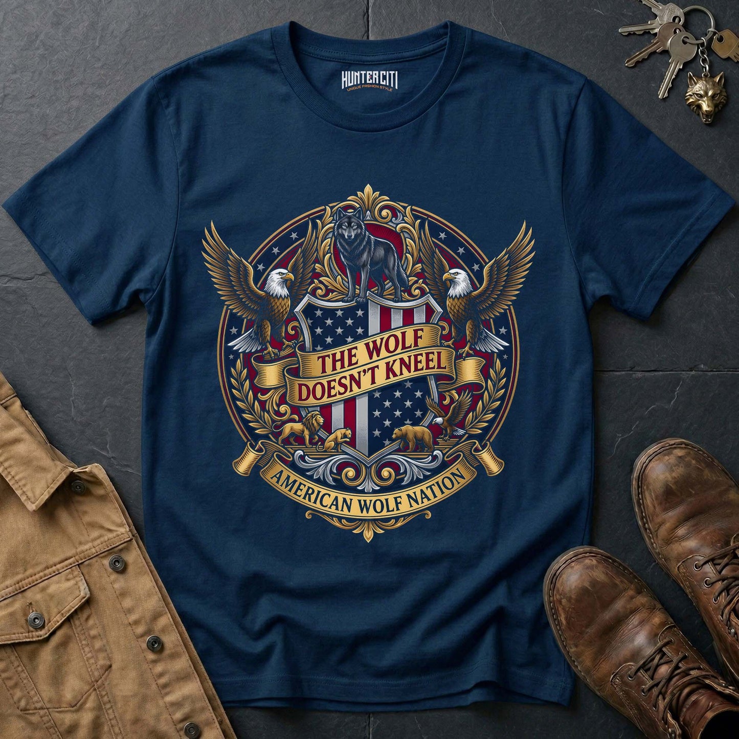 The Wolf Doesn't Kneel American Wolf Nation T-Shirt - Royal Crest Eagle Shield America 250 Anniversary Patriotic Tee USA