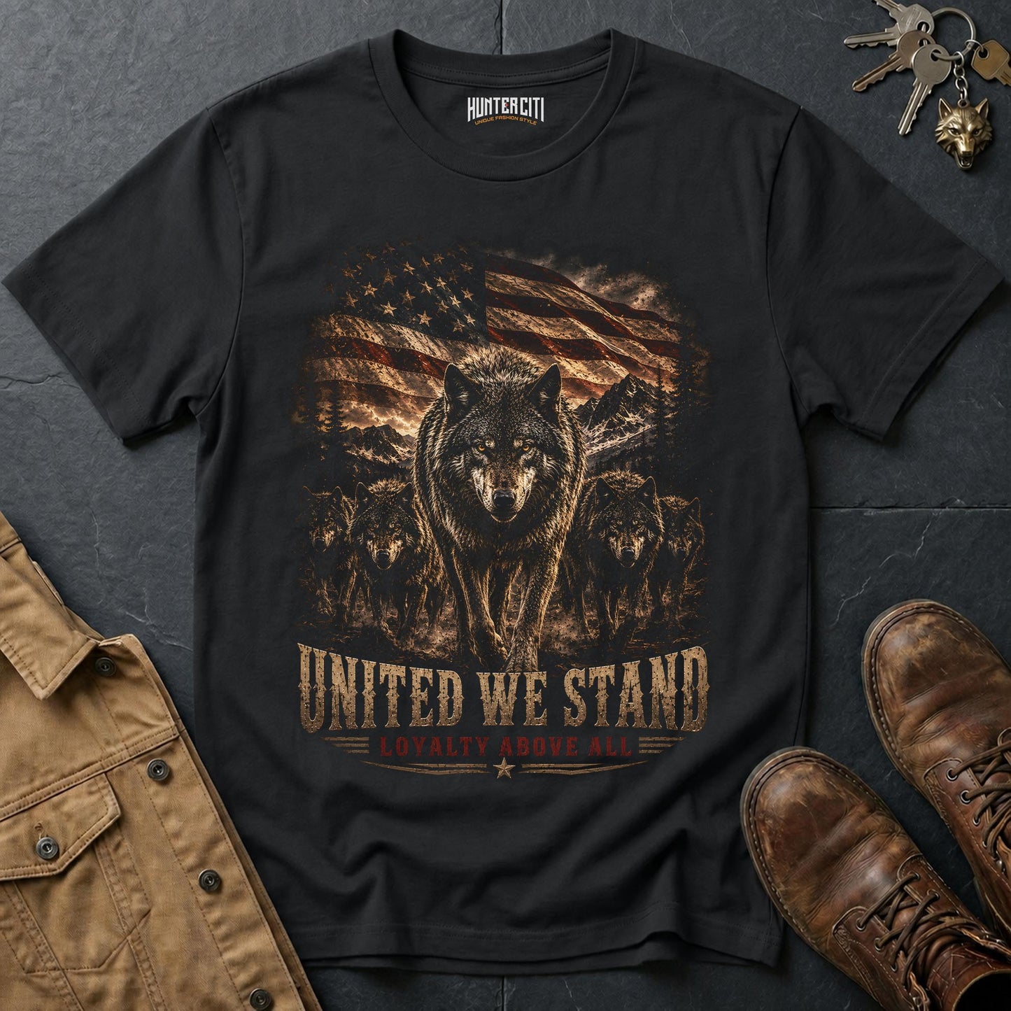 United We Stand Wolf Pack T-Shirt - Patriotic Unity Graphic Tee
