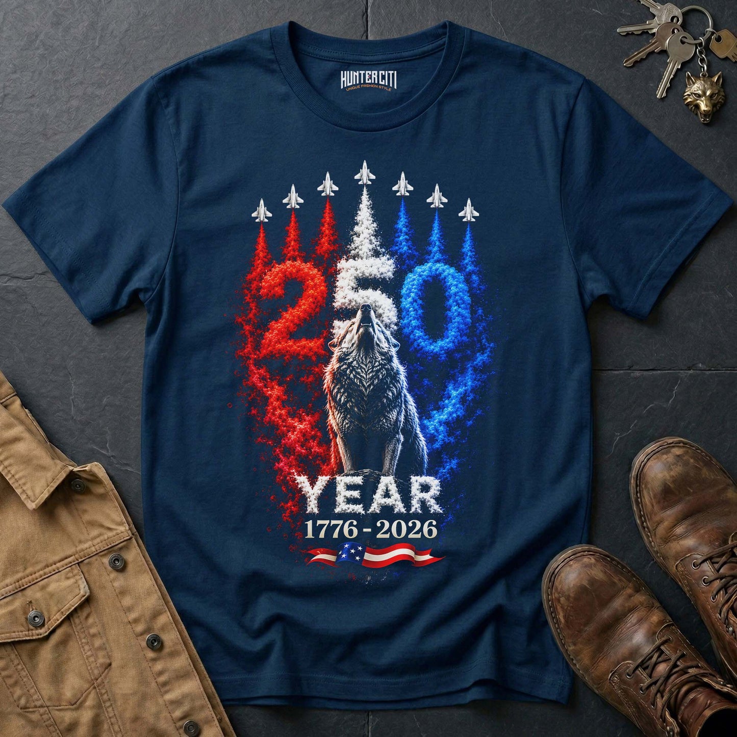 250 Year Airshow American Wolf T-Shirt - 250th Anniversary USA Patriotic 4th of July 1776 2026 Howling Wolf Graphic Tee Gift for Men