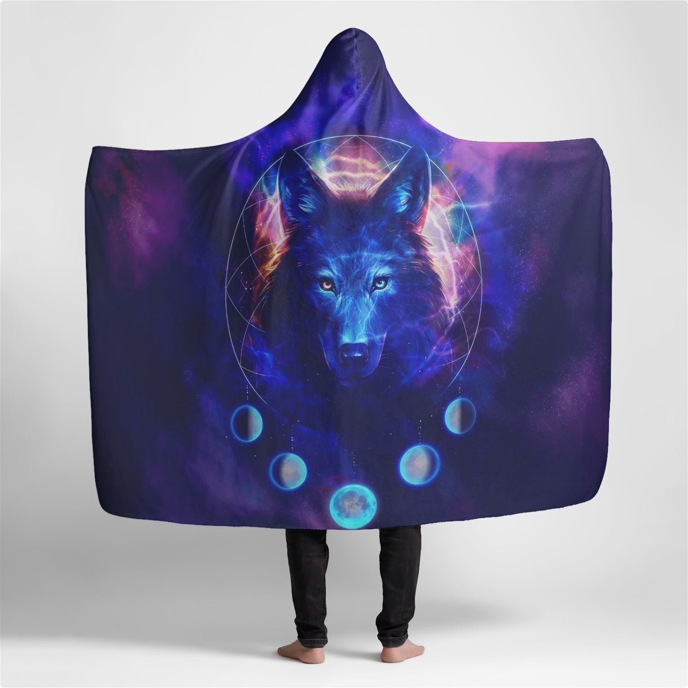 Wolf Large Hooded Sherpa Blanket 60x80 - Soft Cozy Galaxy Wolf Throw Blanket with Moon Phases for Adults & Teens