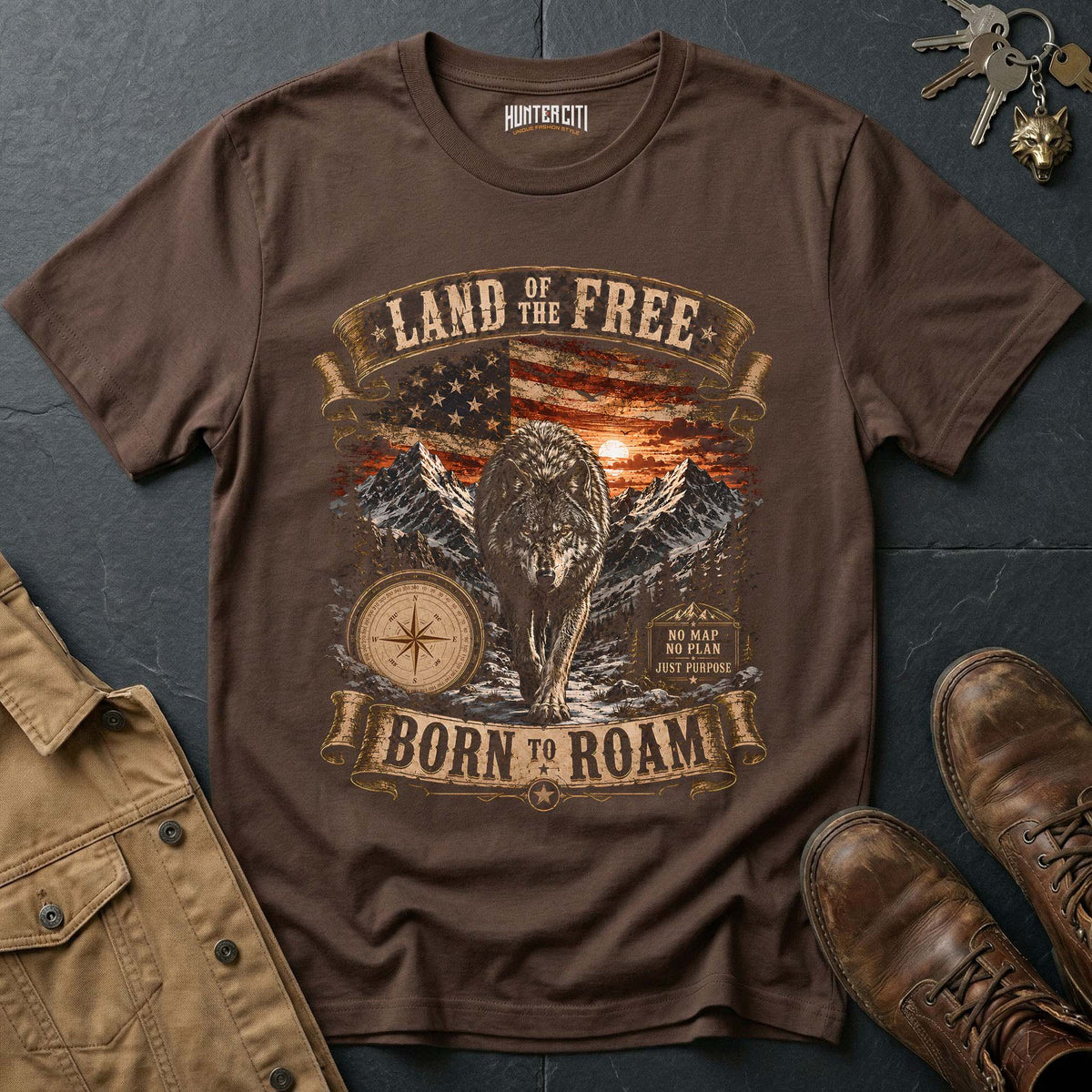 Land of the Free Born to Roam Wolf T-Shirt - Patriotic Wilderness Tee