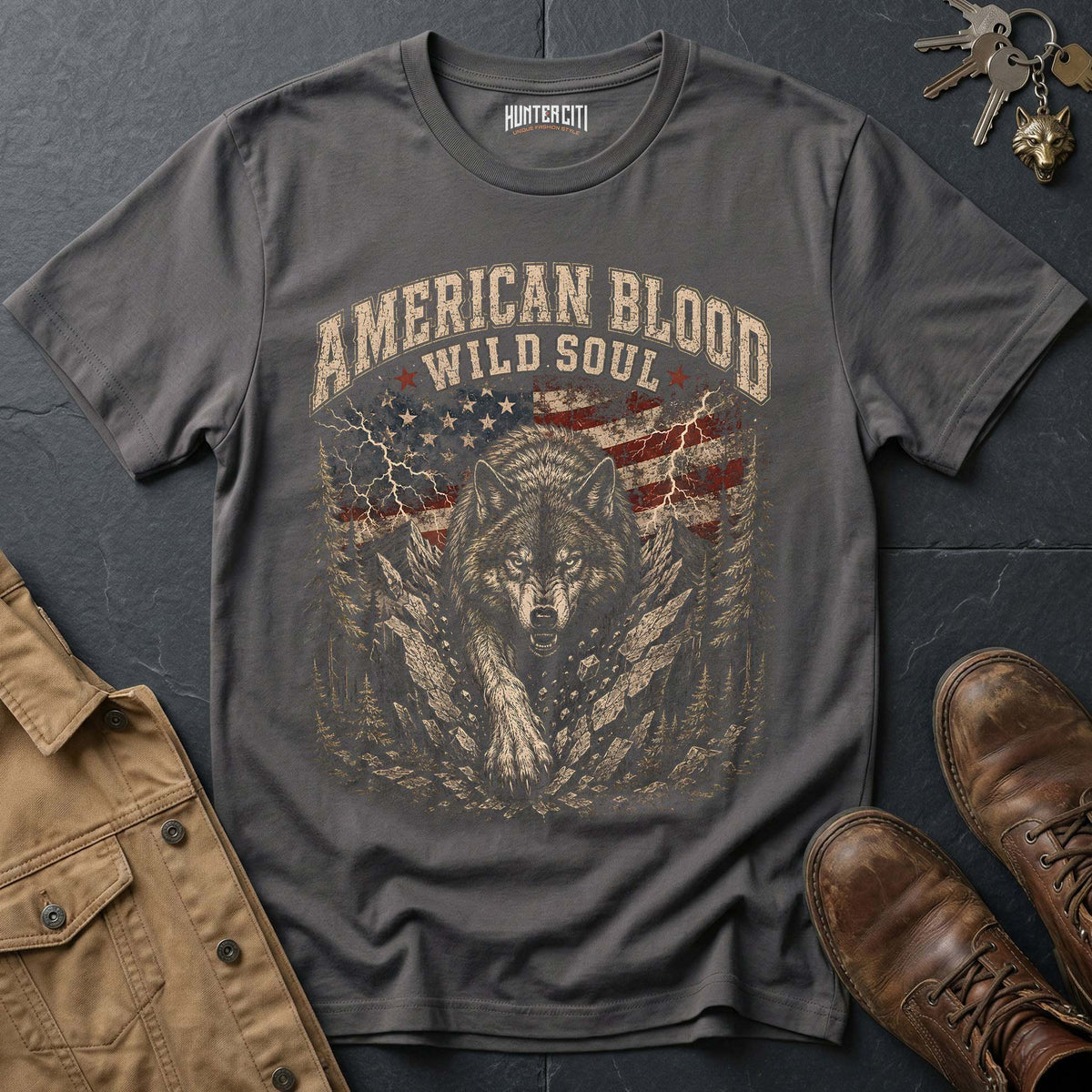 American Blood Wild Soul Wolf T-Shirt - Patriotic Graphic Tee
