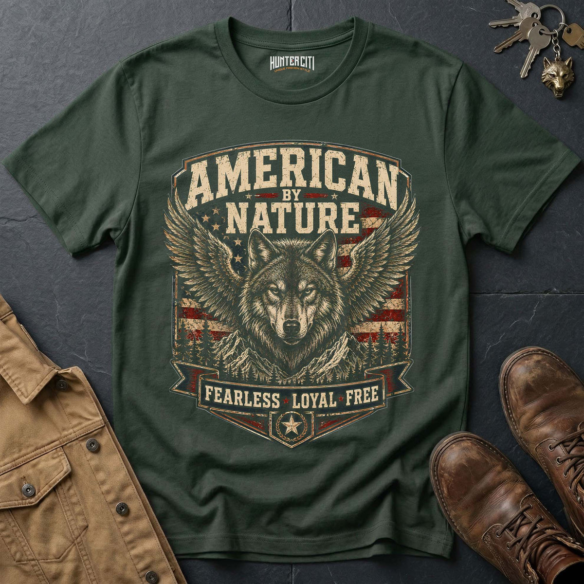 American by Nature Fearless Loyal Free Wolf Graphic Tee – Patriotic American T-Shirt