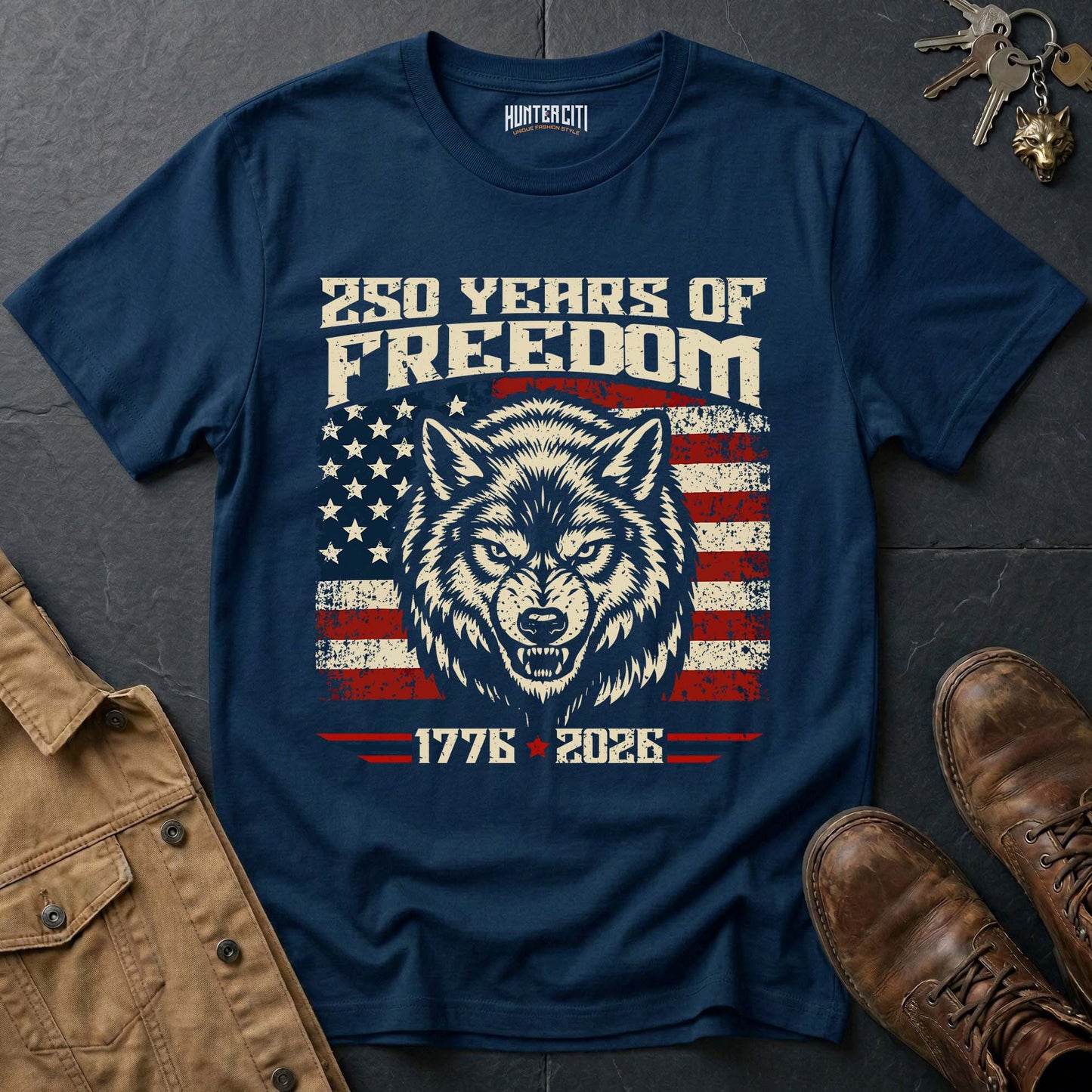 250 Years of Freedom Snarling Wolf T-Shirt - America 1776 2026 Patriotic Wolf Graphic Tee Anniversary USA Gift for Men