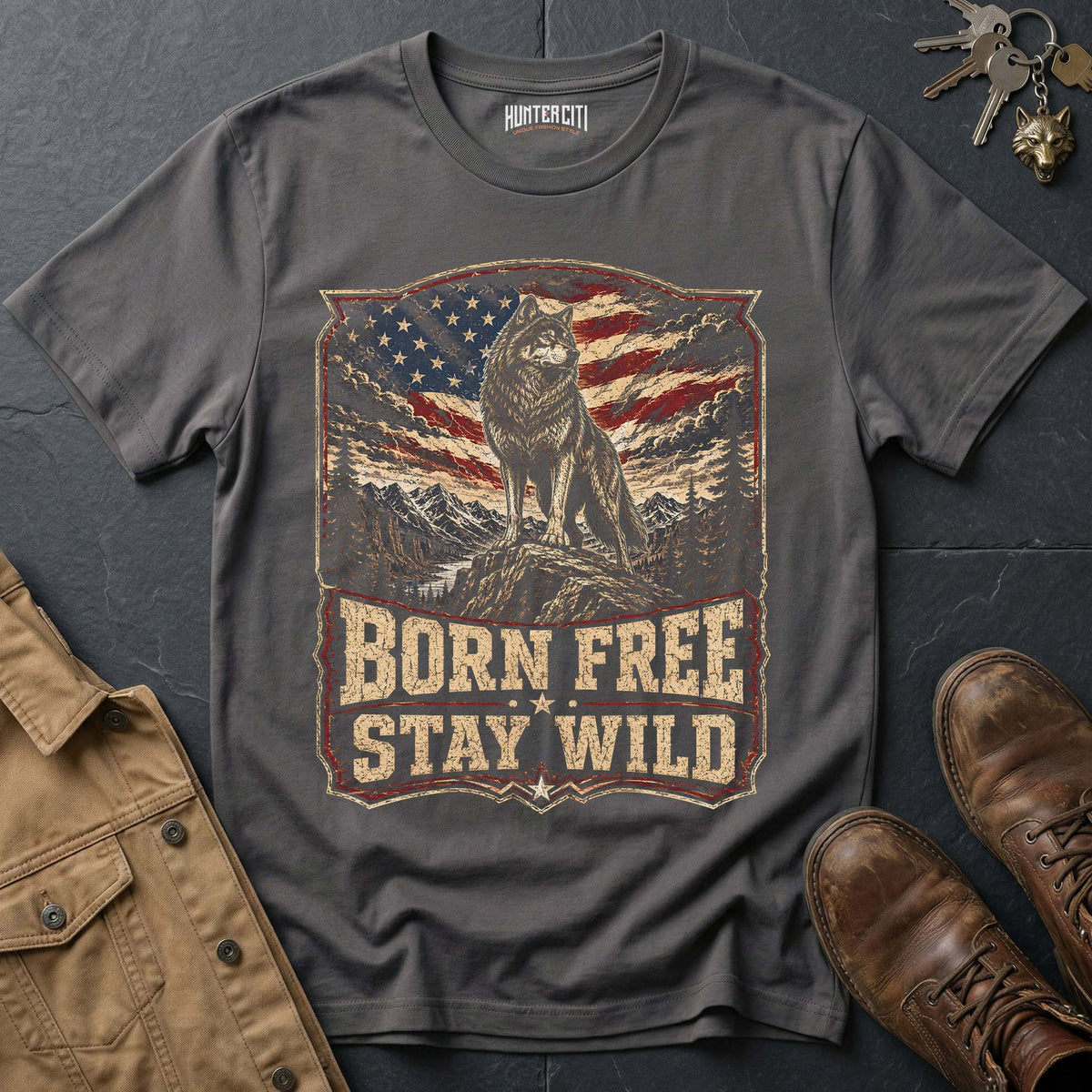 Born Free Stay Wild Wolf Graphic Tee – Patriotic American T-Shirt