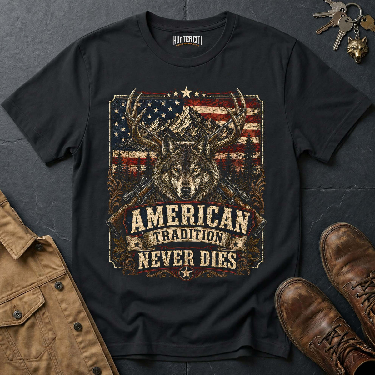 American Tradition Never Dies Wolf Graphic Tee – Patriotic American T-Shirt