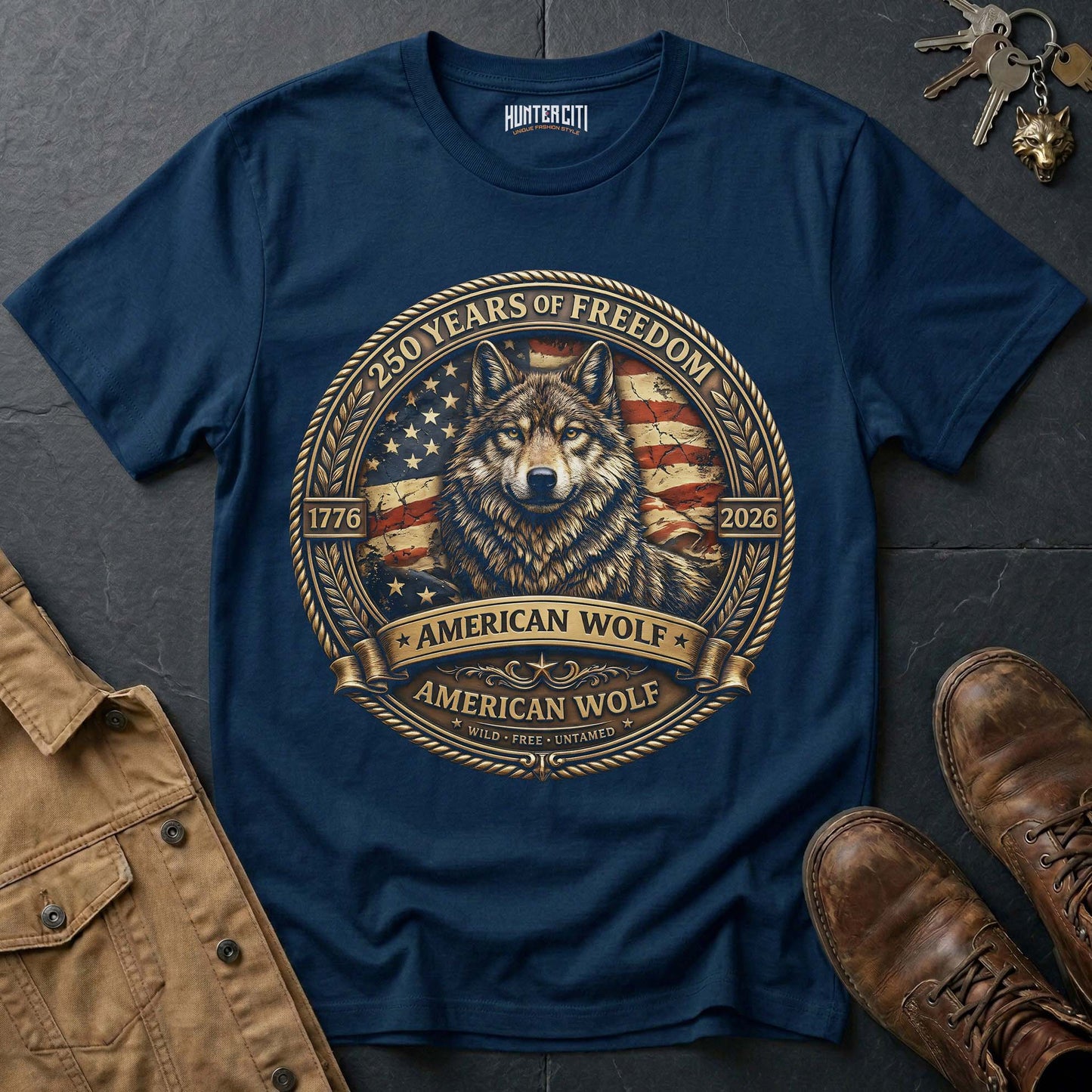 250 Years of Freedom American Wolf Badge T-Shirt - 1776 2026 Premium Gold Wolf Wild Free Untamed Anniversary USA Gift